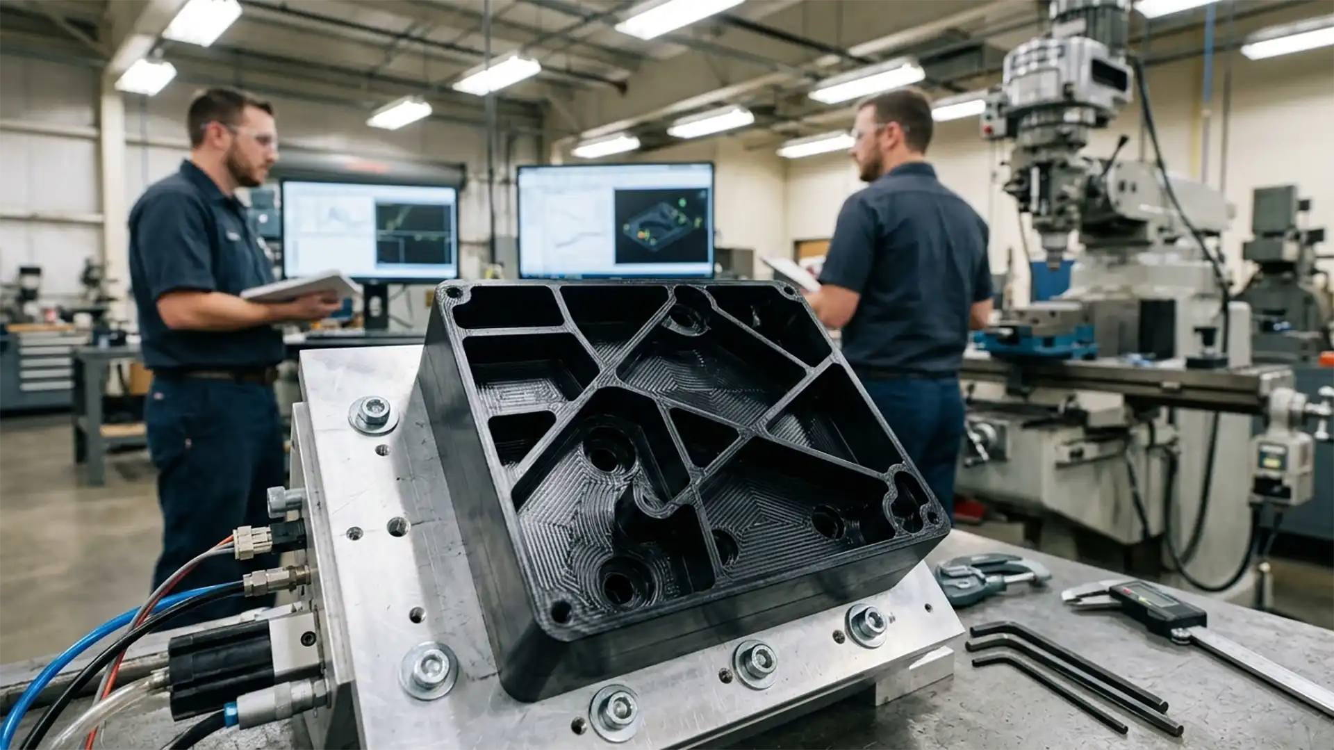 Prototype fonctionnel en PEHD usiné par fraisage CNC, monté pour validation mécanique en atelier.