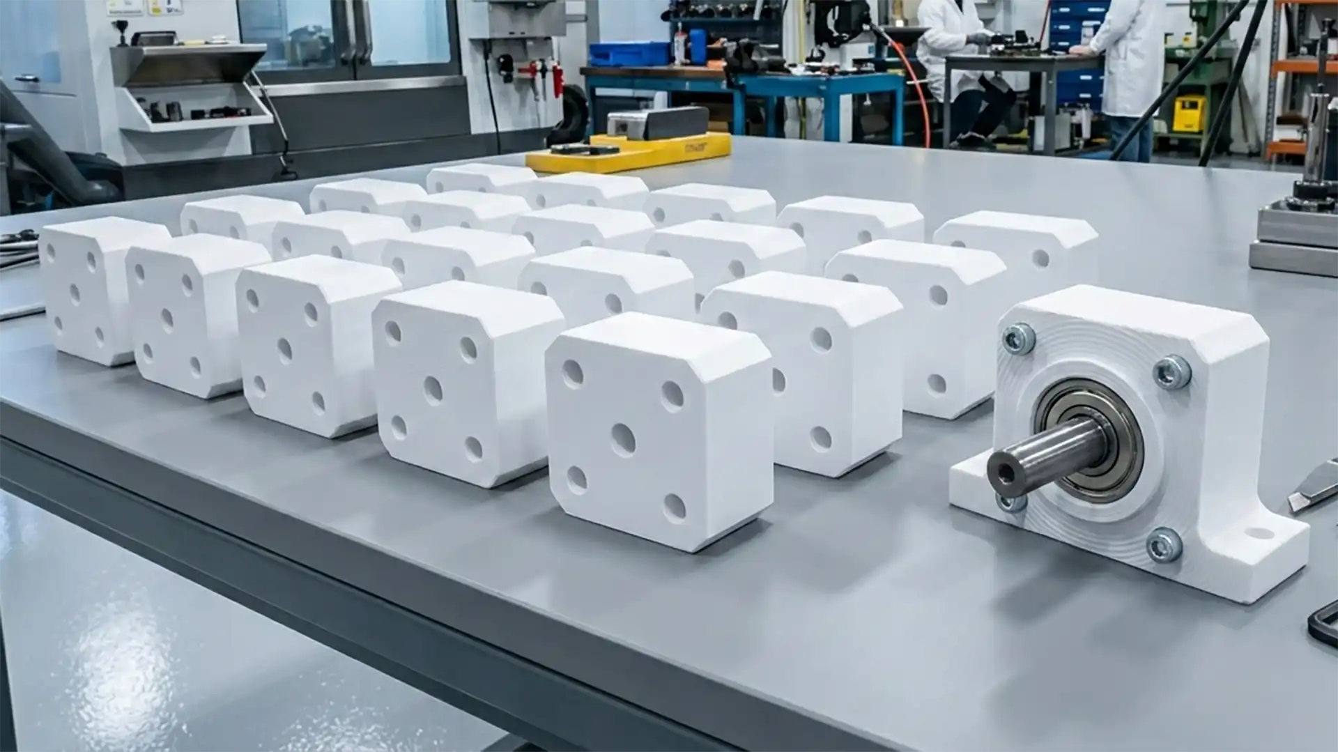 Petite série de pièces techniques en PVC usinées par fraisage CNC pour application industrielle.