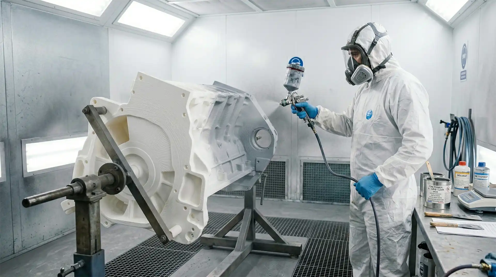 Un technicien en combinaison de protection applique au pistolet un apprêt garnissant gris sur une grande pièce blanche issue d'une impression 3D FDM dans une cabine de peinture, permettant de lisser les stries de fabrication.