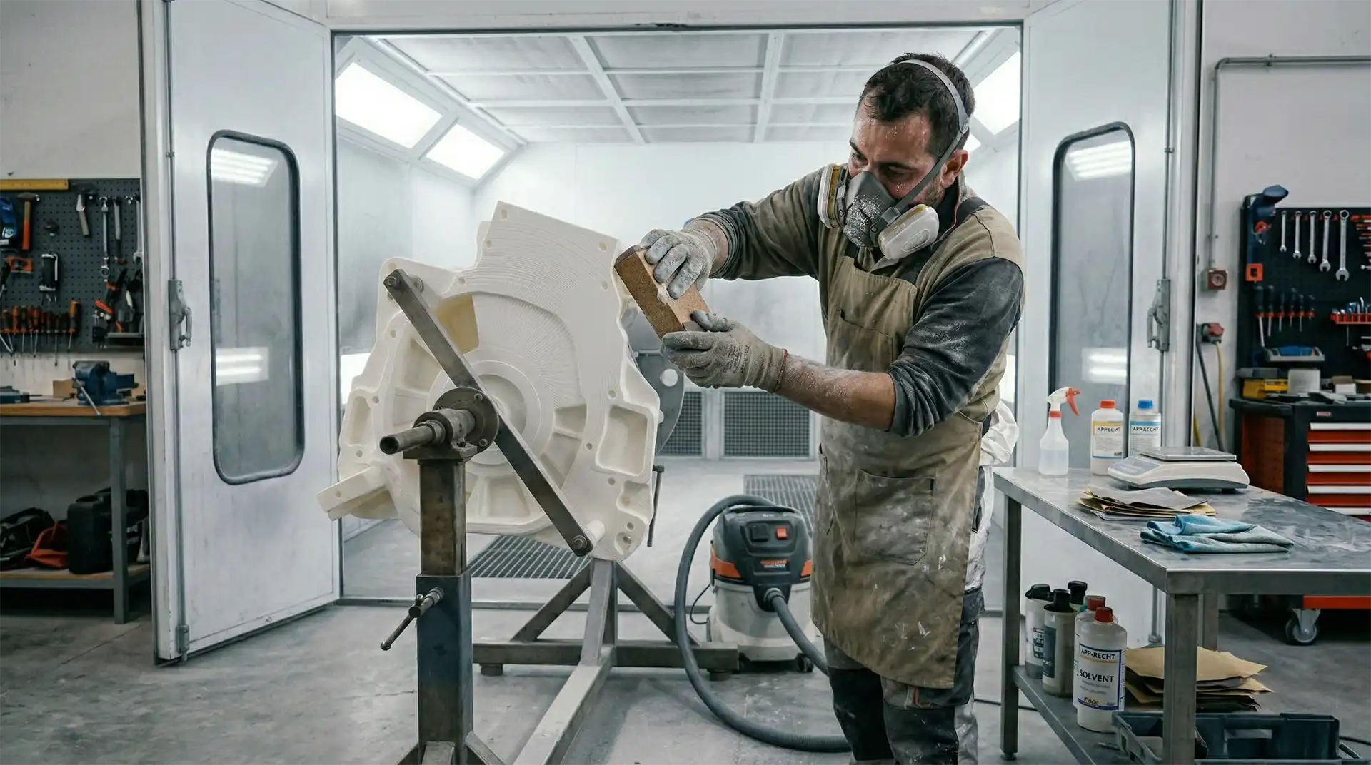Un technicien en masque de protection ponce manuellement une grande pièce prototype complexe imprimée en 3D dans un atelier de fabrication, avec une cabine de peinture en arrière-plan.