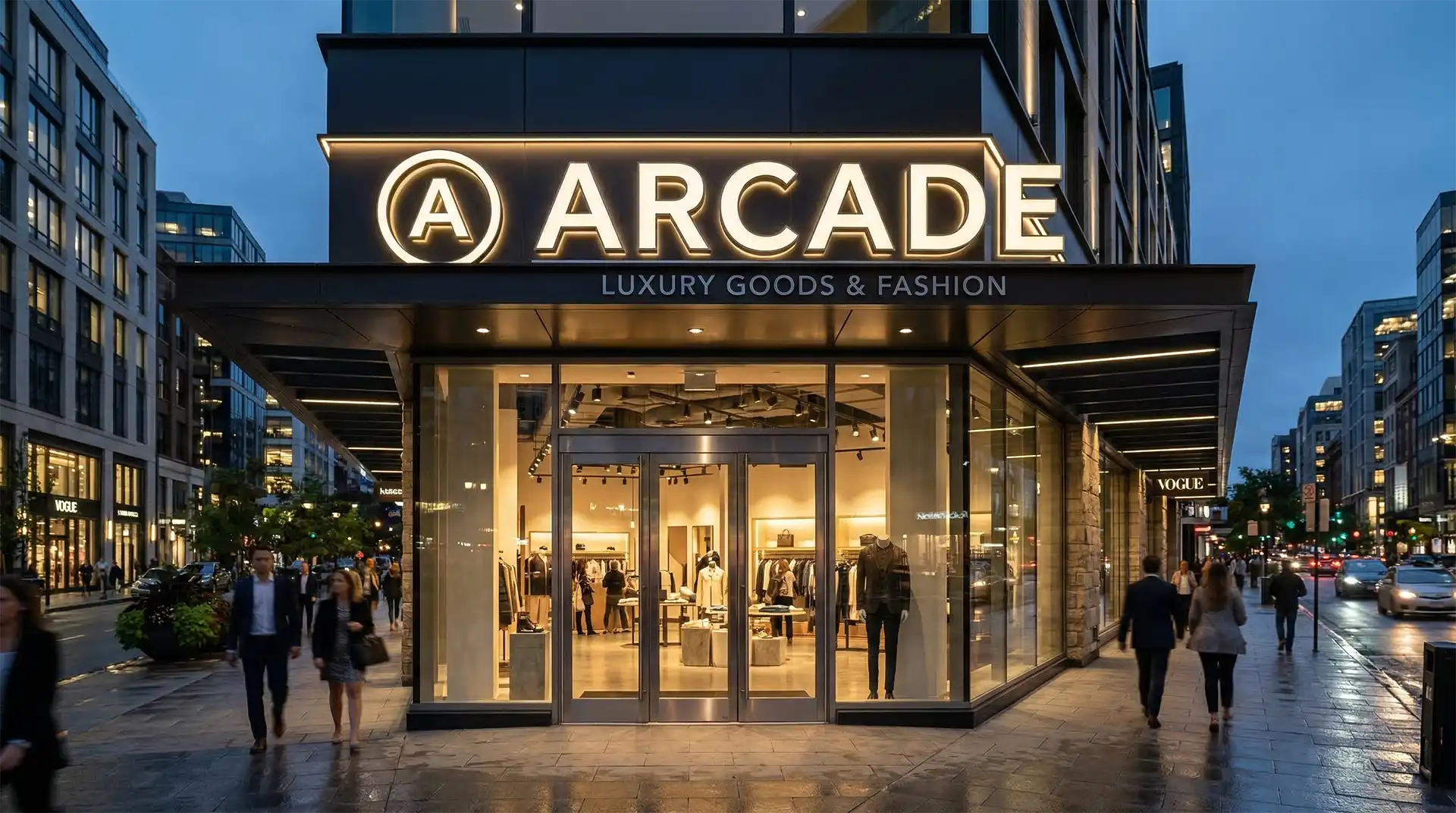 Façade d'un magasin de luxe Arcade avec une enseigne lumineuse en lettrage 3D professionnel de haute qualité au crépuscule.