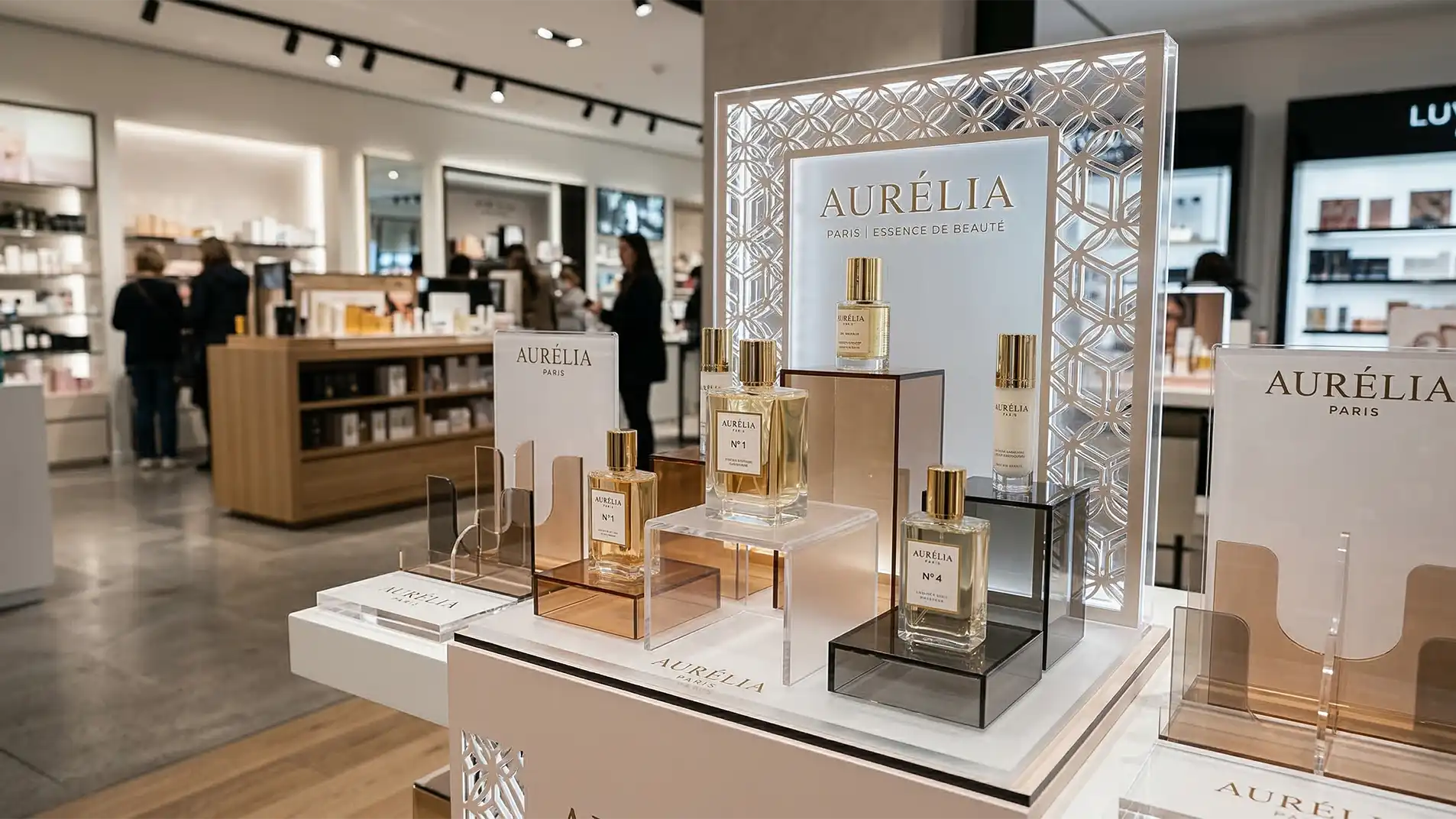 PLV et présentoirs produits en plexiglass découpés au laser utilisés pour le retail design et le visual merchandising.