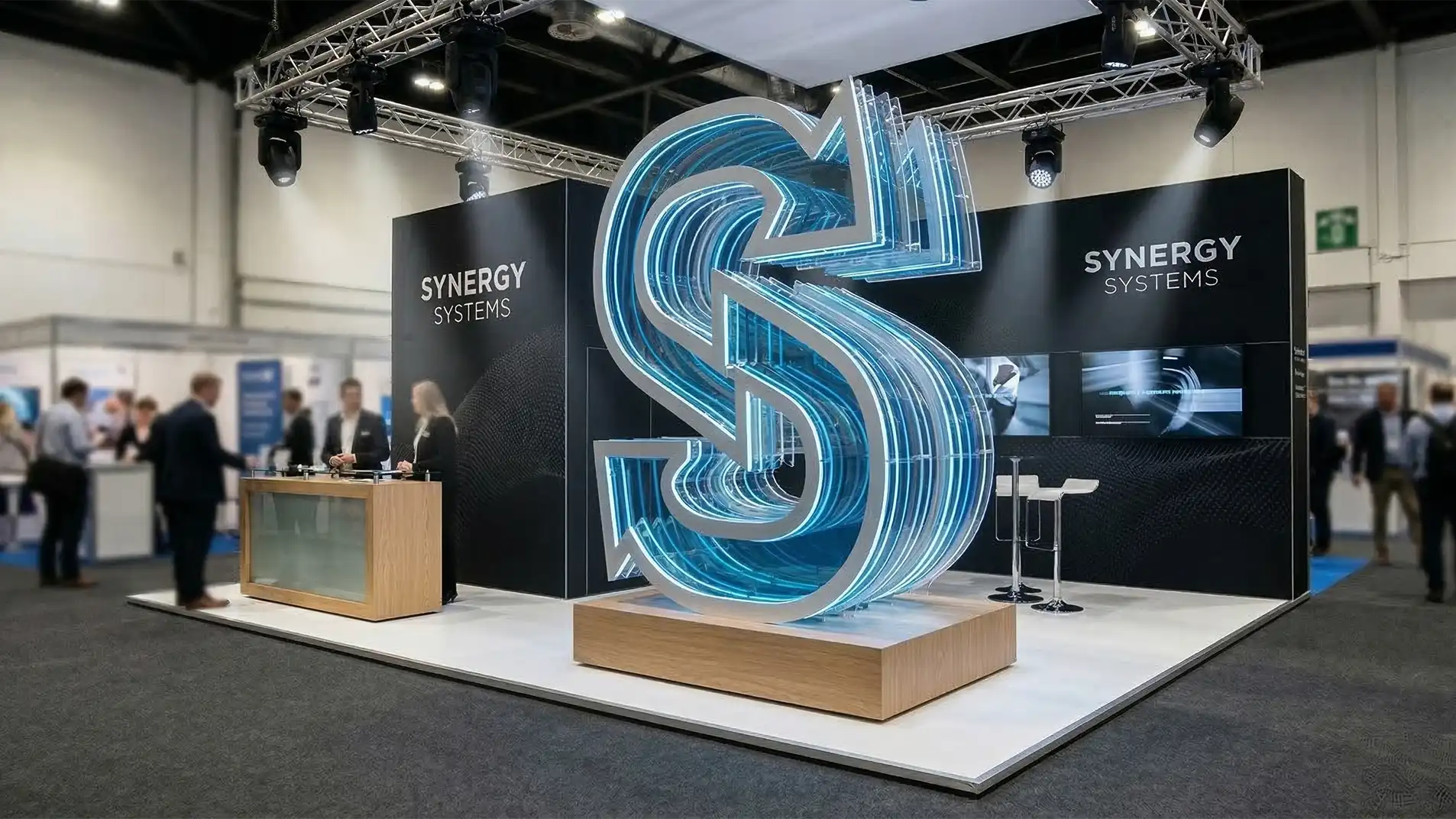 Sculpture de marque réalisée avec des éléments découpés au laser pour une scénographie événementielle.