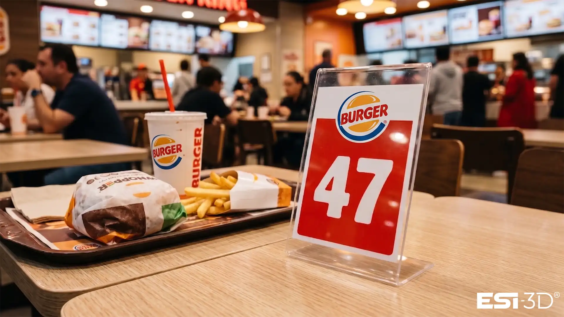 Chevalet de table en PVC plié à chaud avec numéro imprimé UV dans un restaurant fast-food
