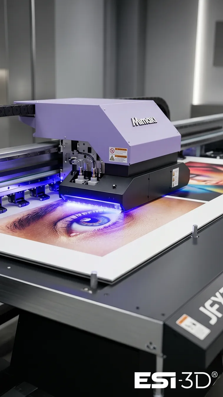 Impression UV industrielle sur support rigide avec technologie Mimaki JFX2513 en atelier professionnel
