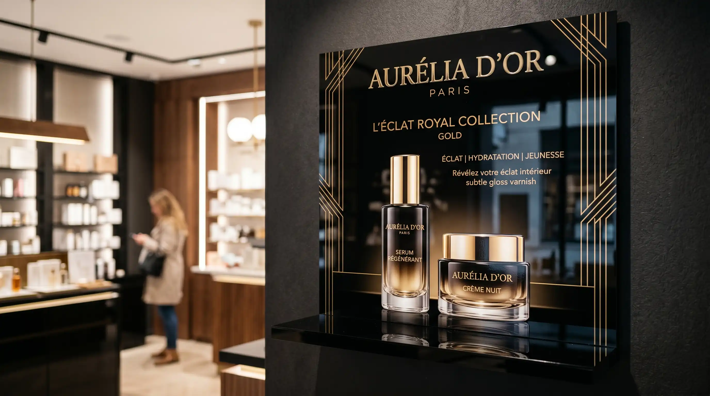 Panneau publicitaire de luxe en acrylique noir brillant pour la marque Aurélia D'Or Paris, installé dans une boutique haut de gamme. Le panneau présente une typographie dorée élégante et des visuels de produits (sérum et crème de nuit) rehaussés par un ver