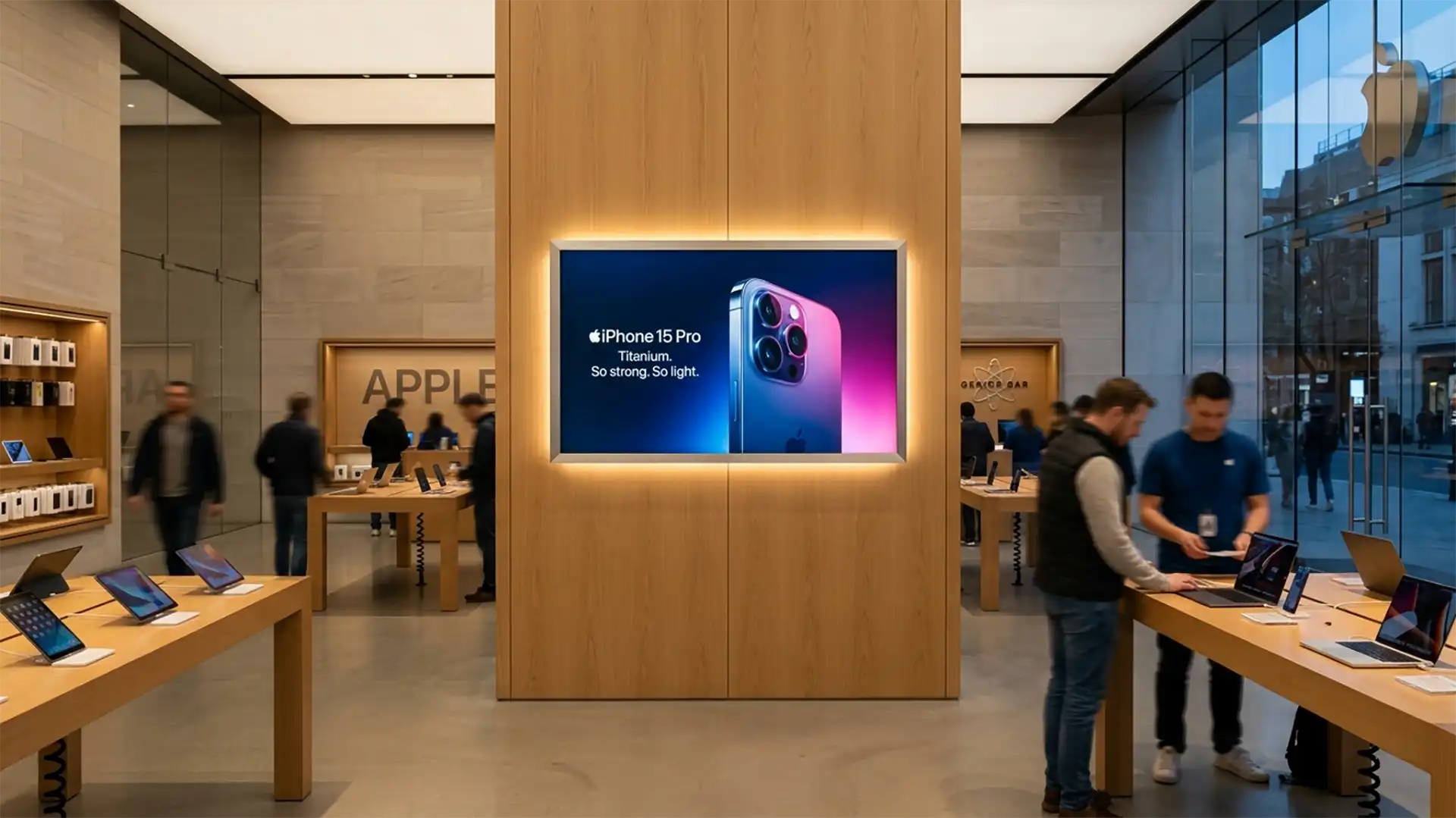 Une photo d'intérieur de magasin Apple montrant des clients en train de naviguer, avec un grand écran d'affichage avec une pub pour un telephone et lumineux fixé sur un pilier en bois central.