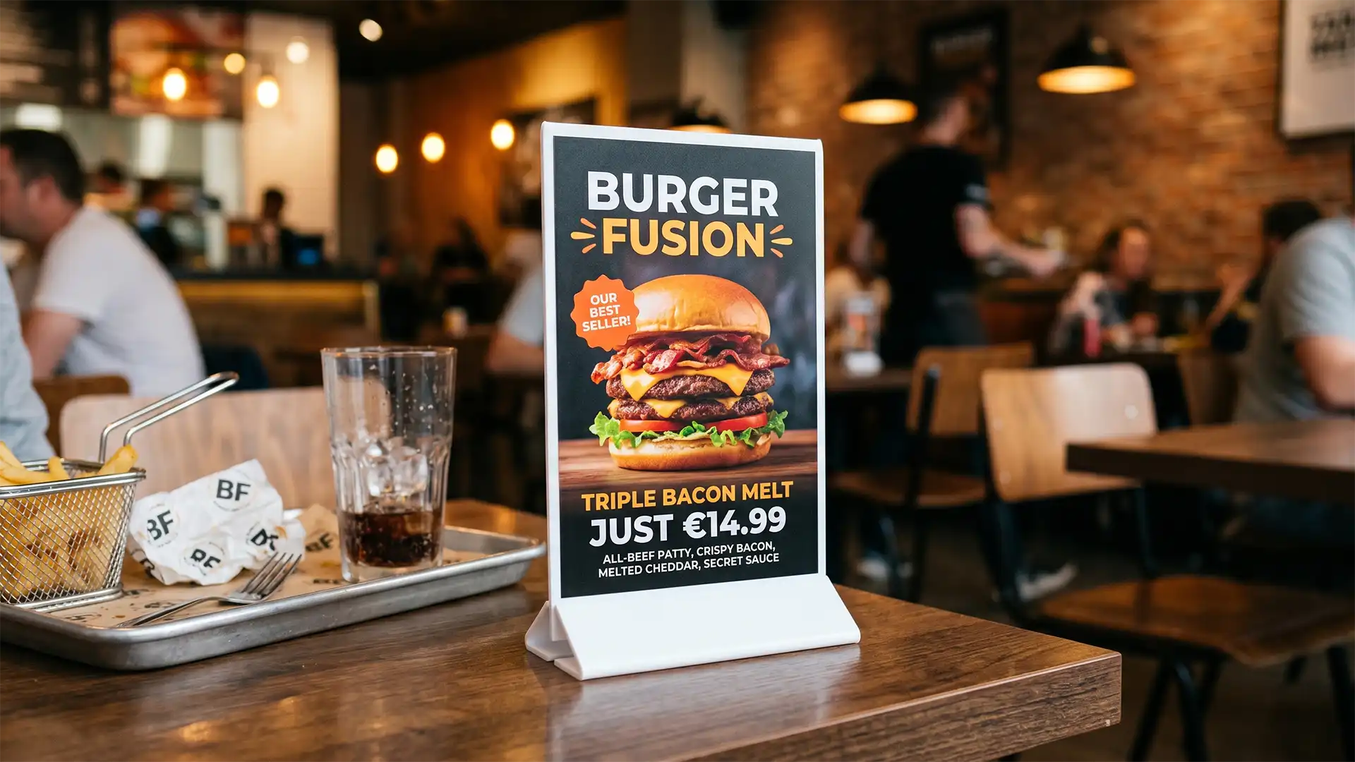 Presentoir publicitaire de table en PVC blanc avec impression UV directe affichant un menu burger dans un restaurant moderne.