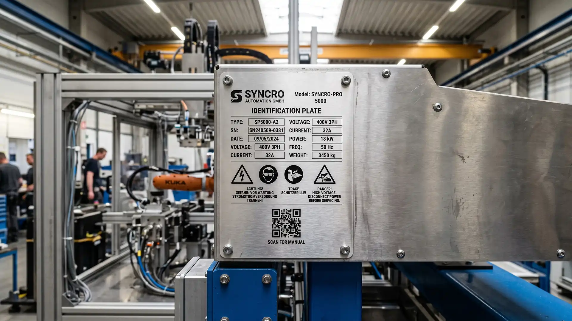 laque d'identification industrielle en aluminium brossé avec impression UV directe, montée sur une machine automatisée dans une usine moderne.