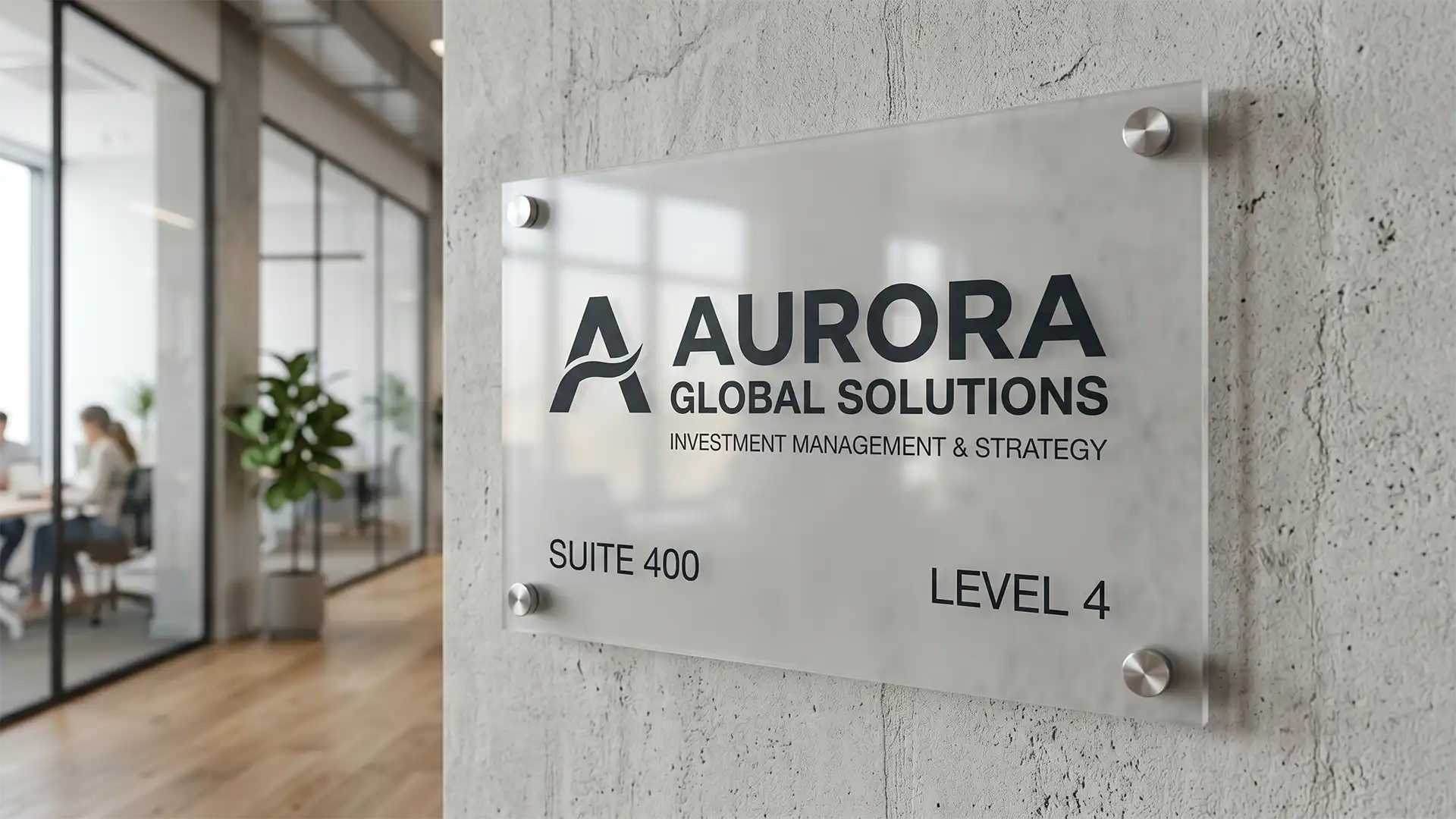 Plaque de signalétique d'entreprise en acrylique givré avec logo imprimé en UV, montée sur un mur texturé dans un bureau moderne avec profondeur de champ réduite.