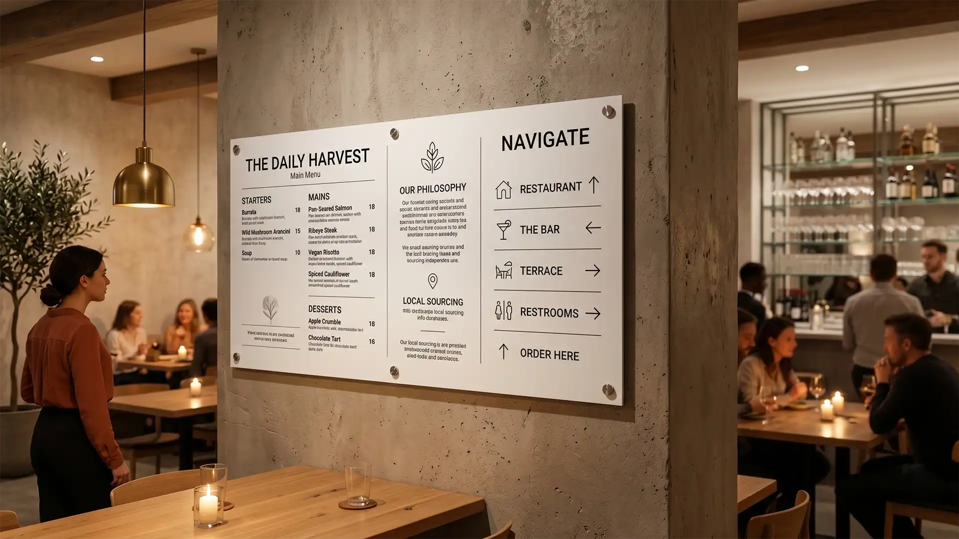 Panneau de signalisation mural en PVC blanc mat avec impression UV directe, affichant le menu et les directions dans un restaurant moderne au design minimaliste et éclairage tamisé