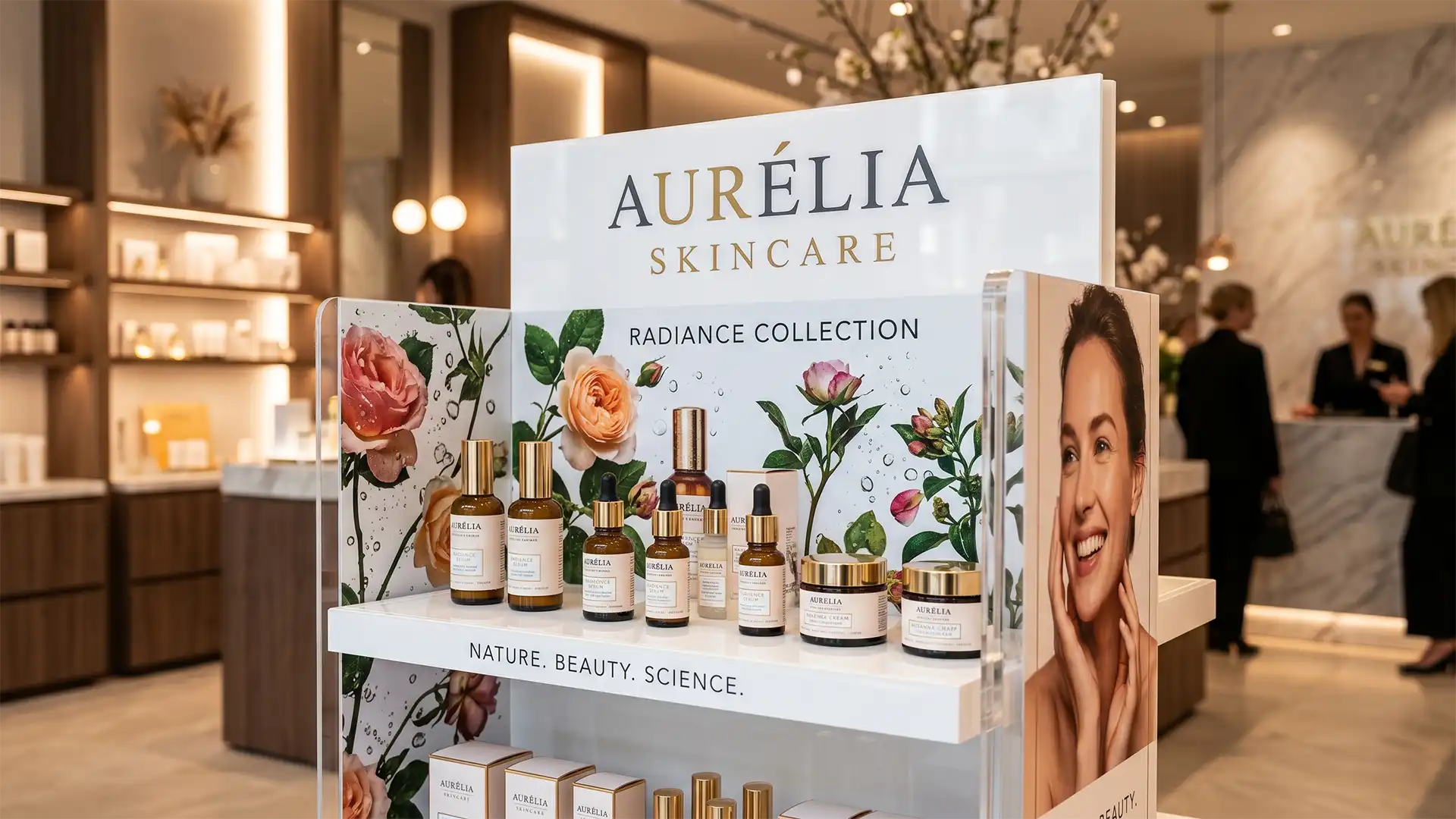 Présentoir de produits cosmétiques haut de gamme en acrylique blanc brillant avec impression UV directe, installé dans une boutique de luxe avec éclairage doux.