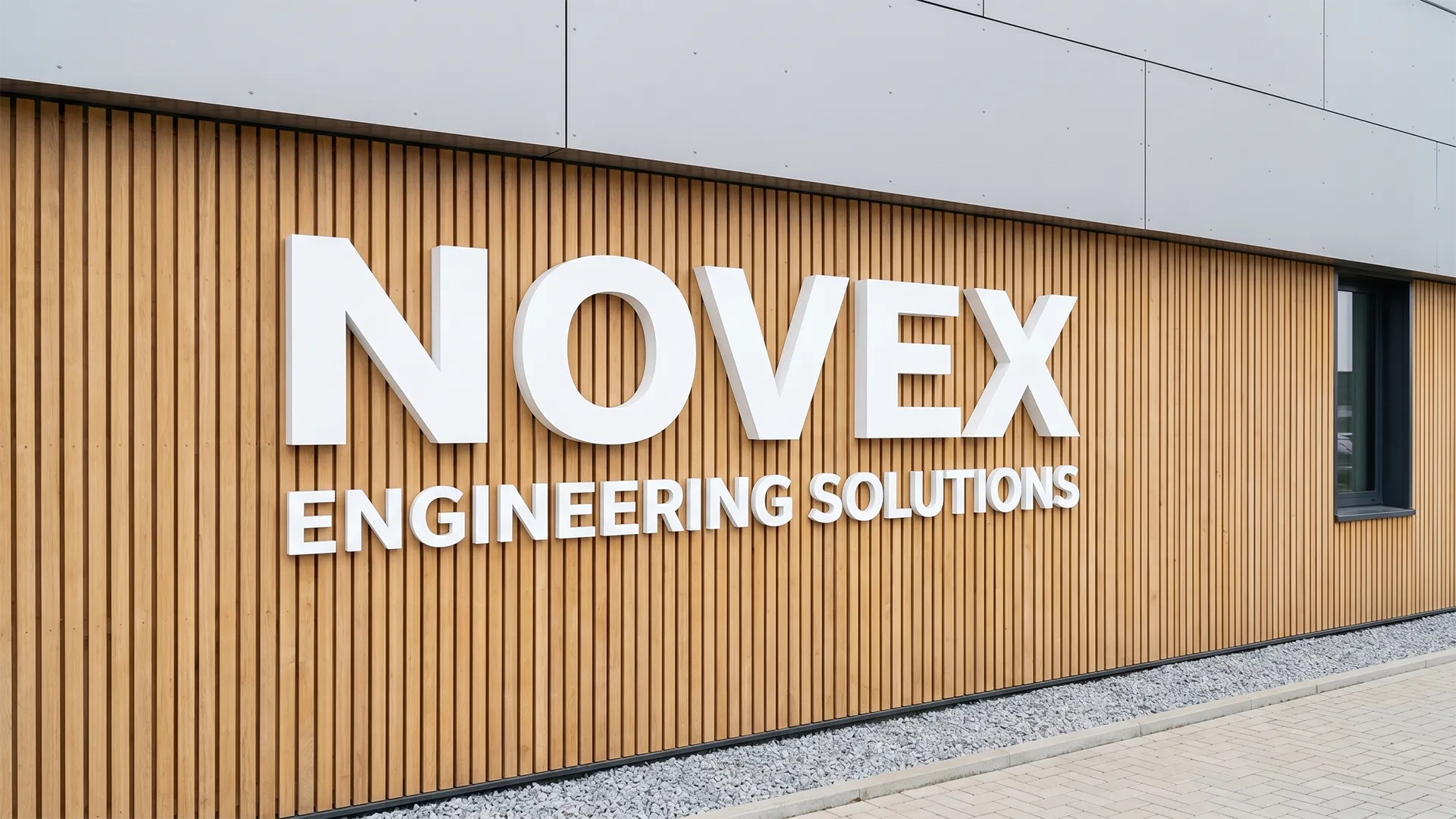 Enseigne NOVEX avec lettres blanches en relief grand format installées sur une façade en bois, communication visuelle et identité de marque.