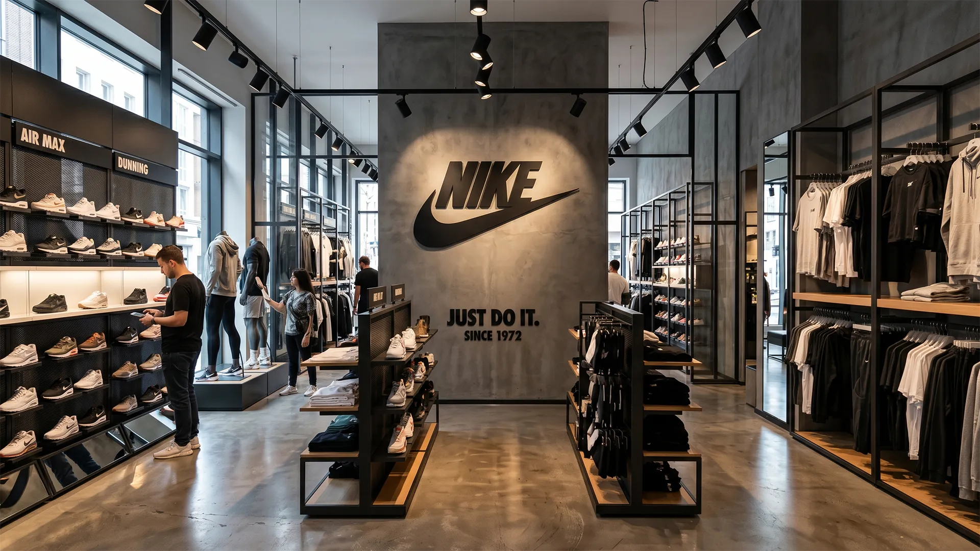 Logo Nike en lettres relief noires sur mur intérieur de magasin de sport, signalétique commerciale et identité visuelle de marque.