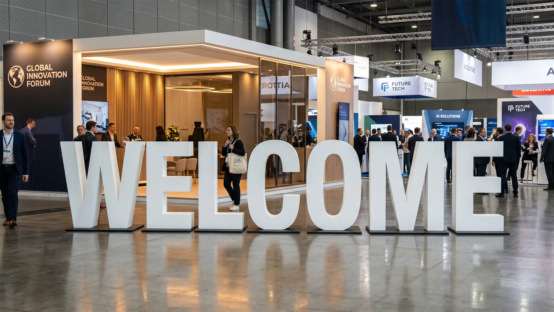 Lettrage géant WELCOME pour salon, exposition et événement d’entreprise, lettres XXL sur mesure destinées à l’accueil et à la scénographie.