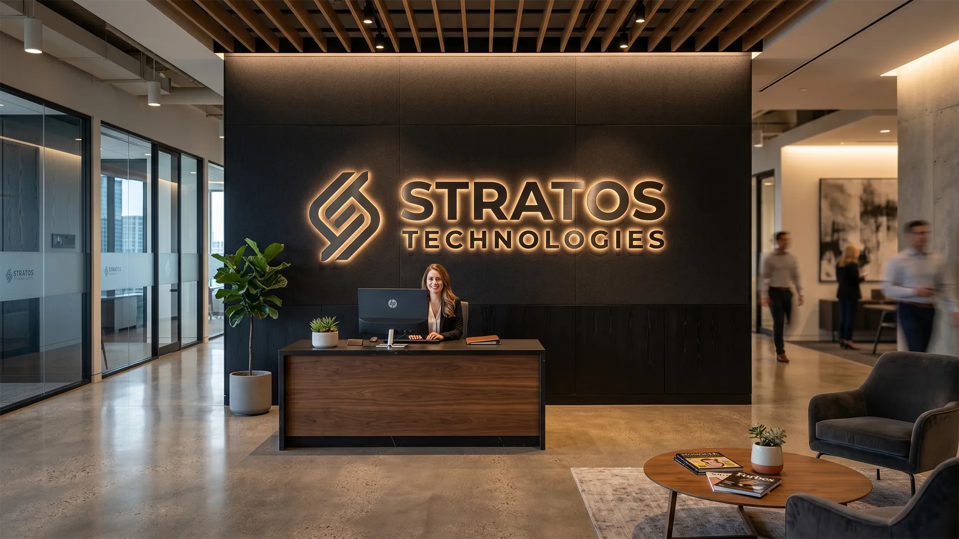 Logo rétroéclairé sur mesure installé dans un hall d’accueil d’entreprise, enseigne lumineuse intérieure avec lettres en relief et éclairage LED premium.