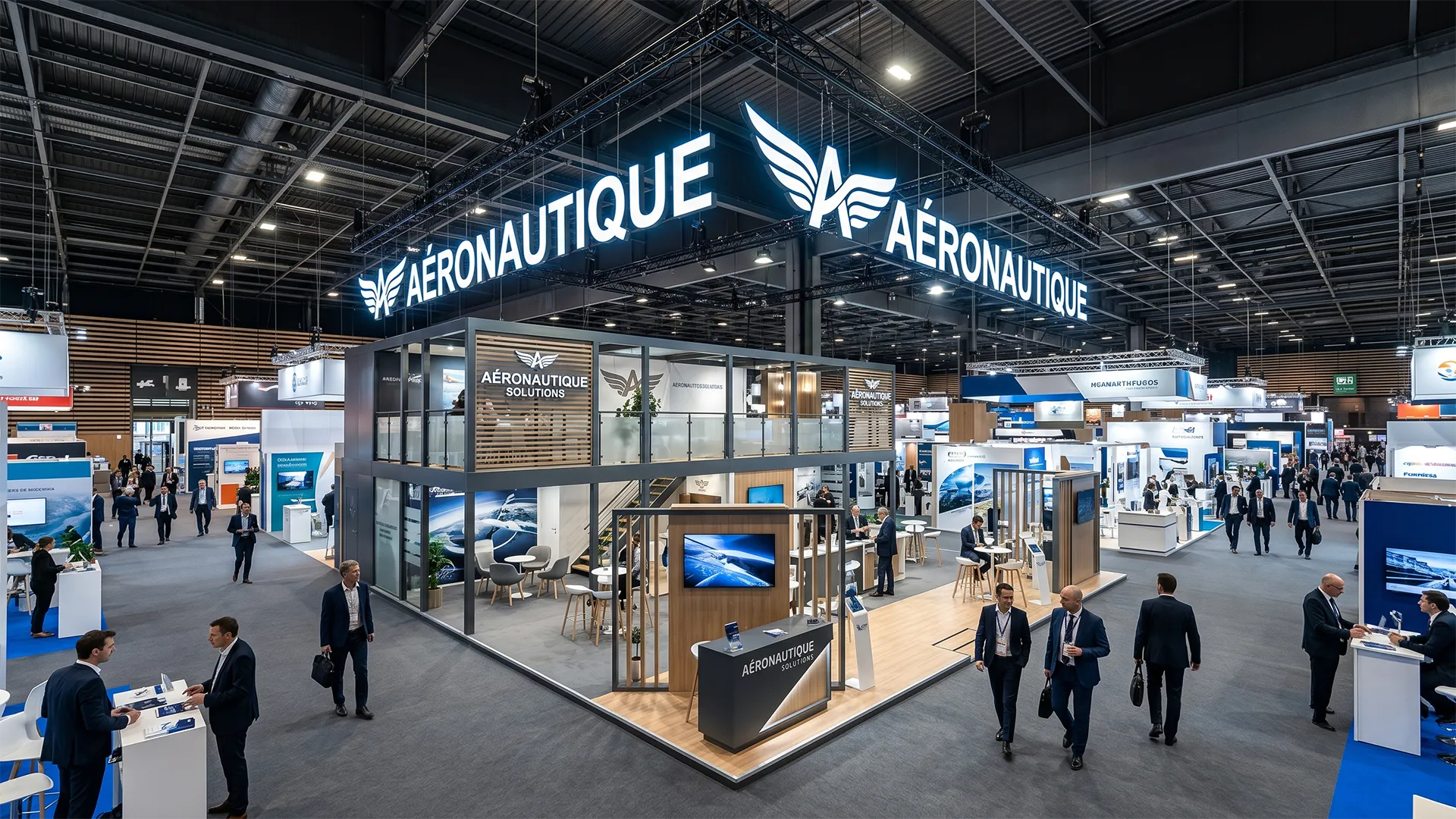 Enseigne suspendue grand format pour salon professionnel, structure signalétique sur mesure destinée aux stands d’exposition et événements B2B.