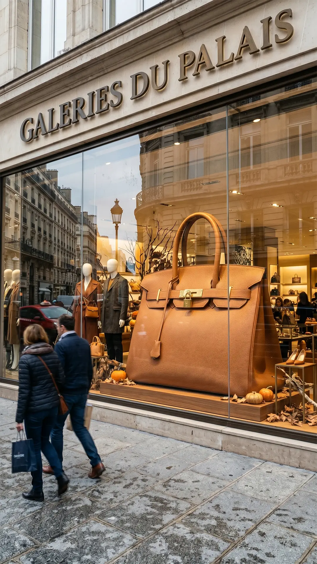 Objet géant représentant un sac de luxe installé dans une vitrine commerciale, fabrication sur mesure destinée à la décoration de magasin, au merchandising et aux événements de marque.