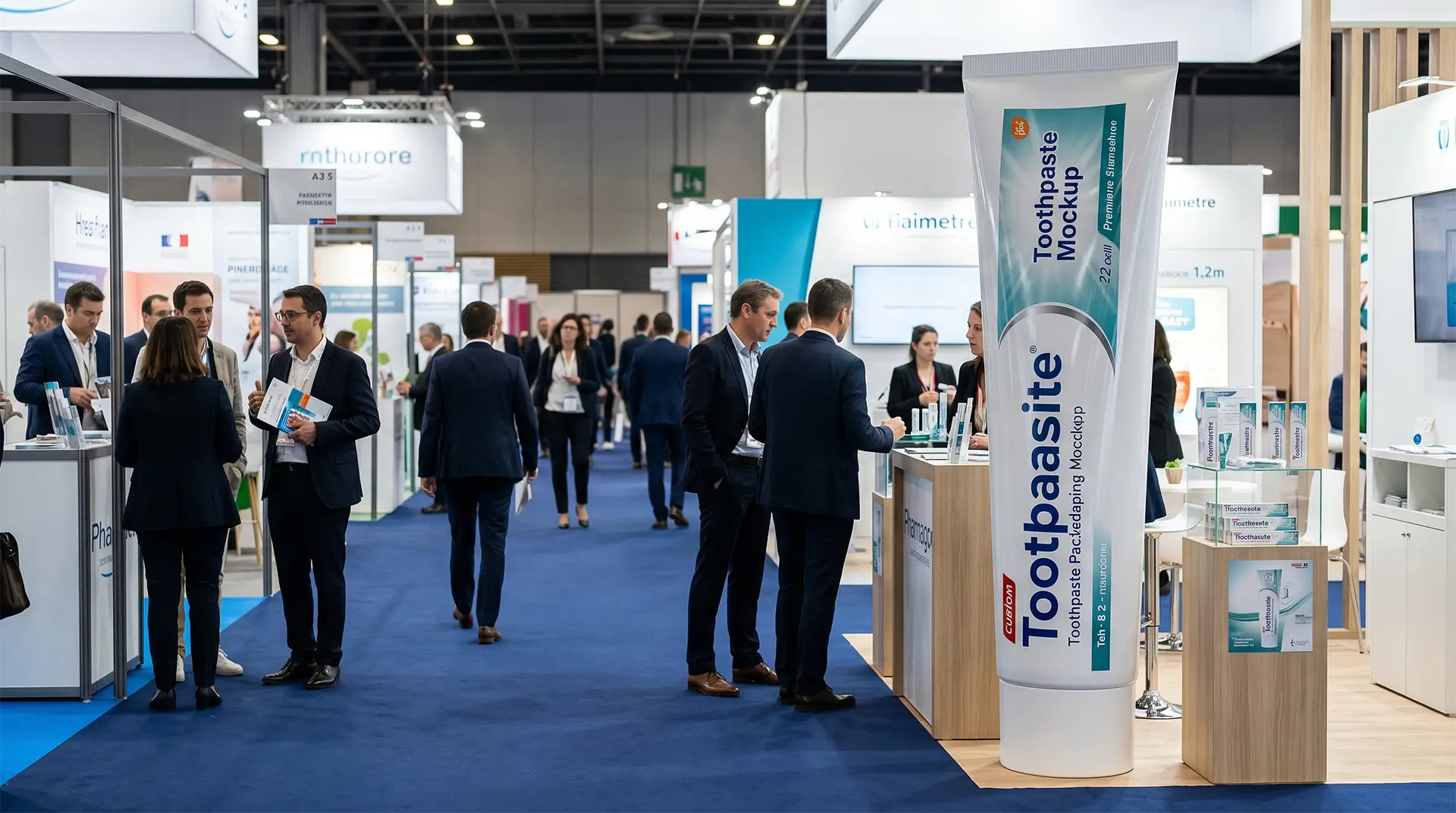 Factice publicitaire sur mesure représentant un dentifrice géant exposé sur un salon pharmaceutique, utilisé pour la communication visuelle, les lancements de produits et les stands professionnels du secteur de la santé.