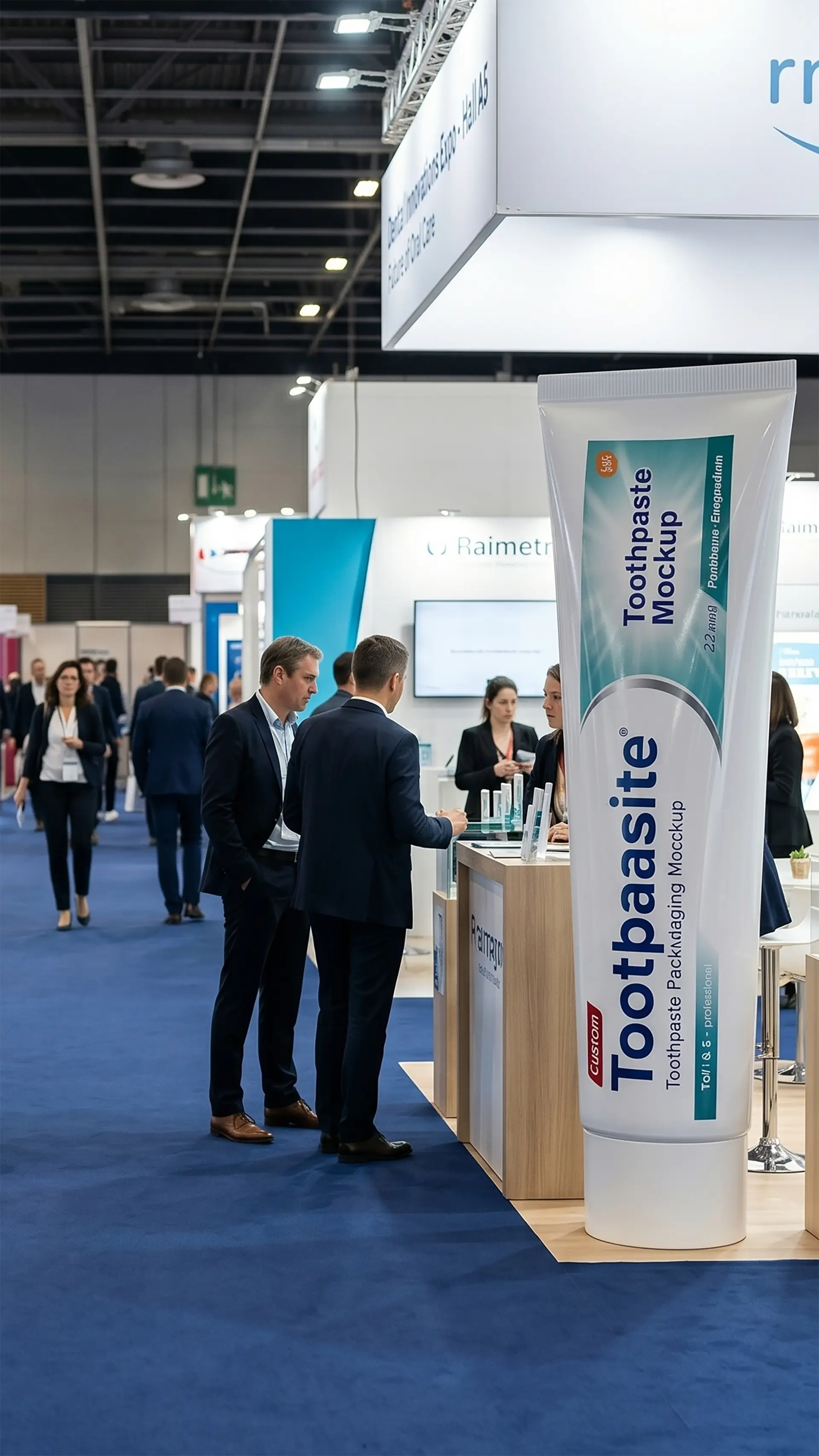 Tube de dentifrice géant installé sur un salon professionnel de la santé, utilisé comme support de communication visuelle et élément d’attraction sur un stand d’exposition.
