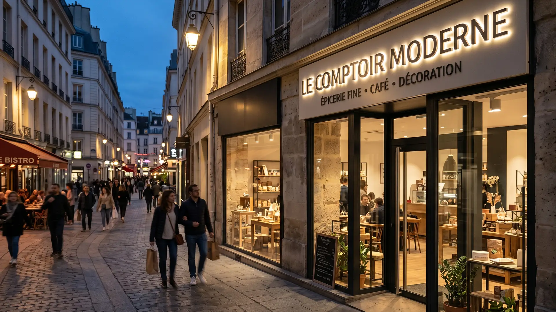 Enseigne lumineuse sur mesure installée sur la façade d’un commerce, avec lettres LED et fabrication personnalisée pour professionnels.