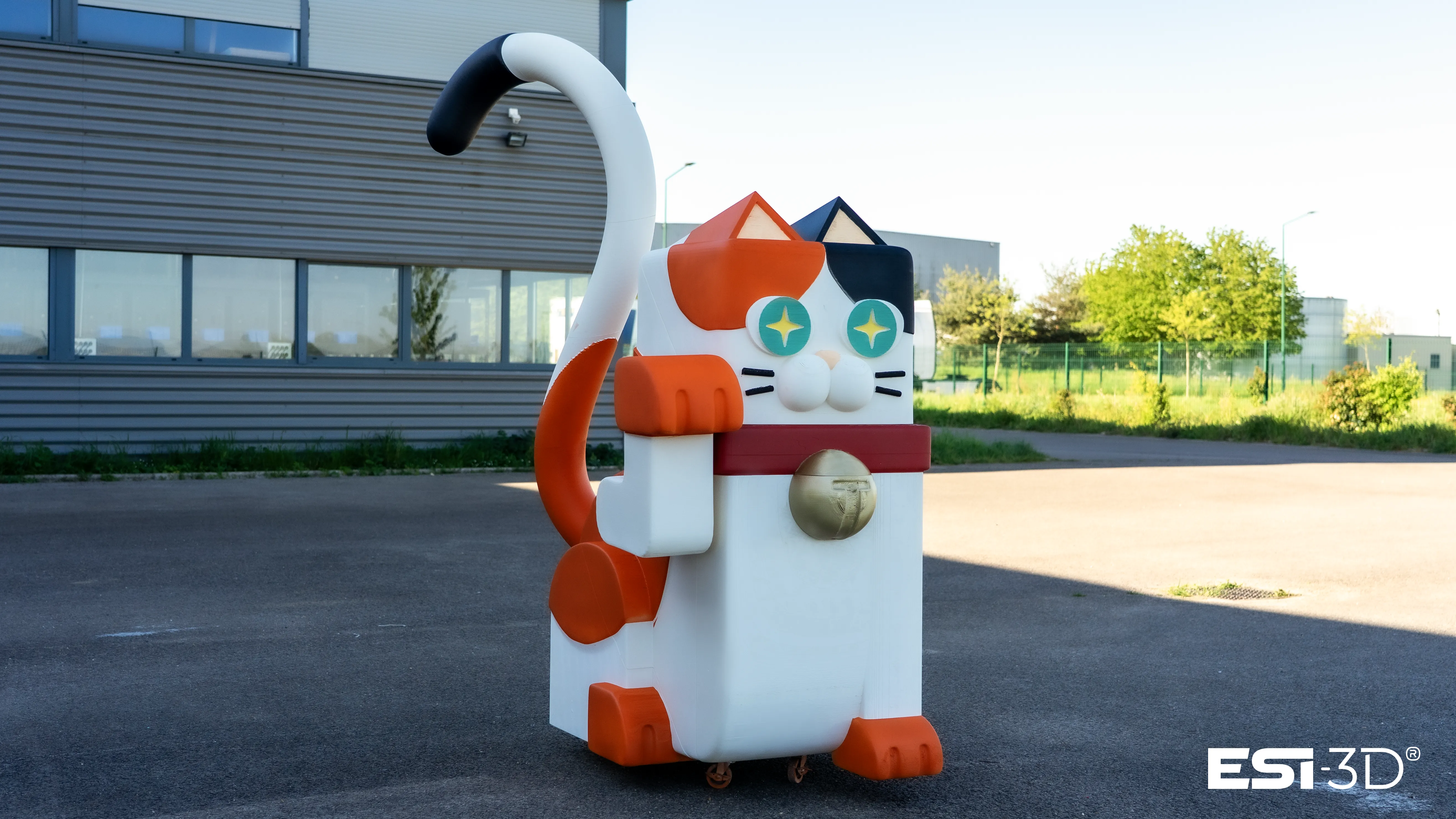 Chat géant fabriqué en impression 3D grand format pour un événement gaming, avec structure sur mesure et finitions adaptées à l’événementiel.