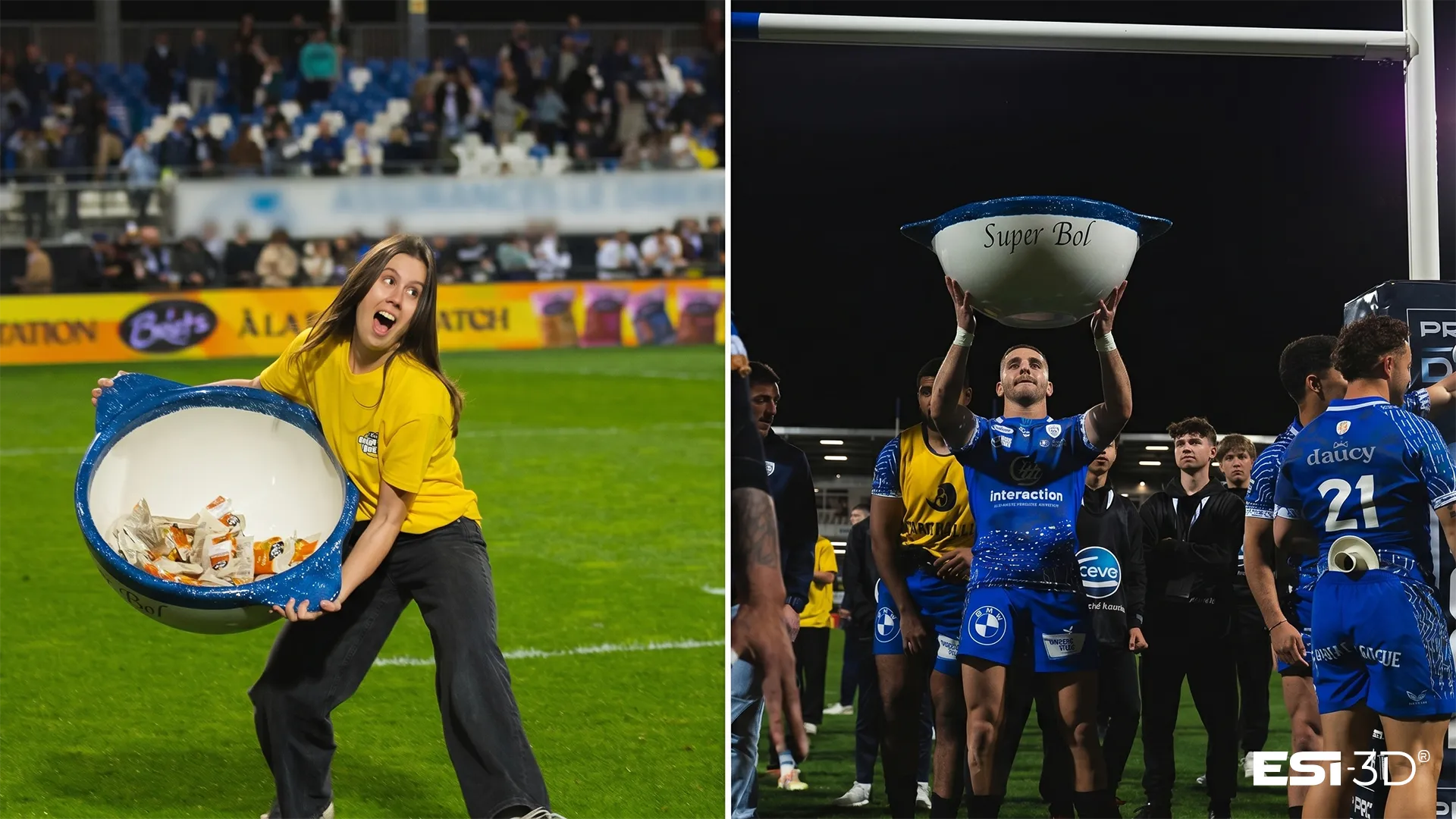 Objet géant représentant un bol breton installé lors d’un match de rugby pour attirer les visiteurs et renforcer la visibilité d’une marque ou d’un partenaire.