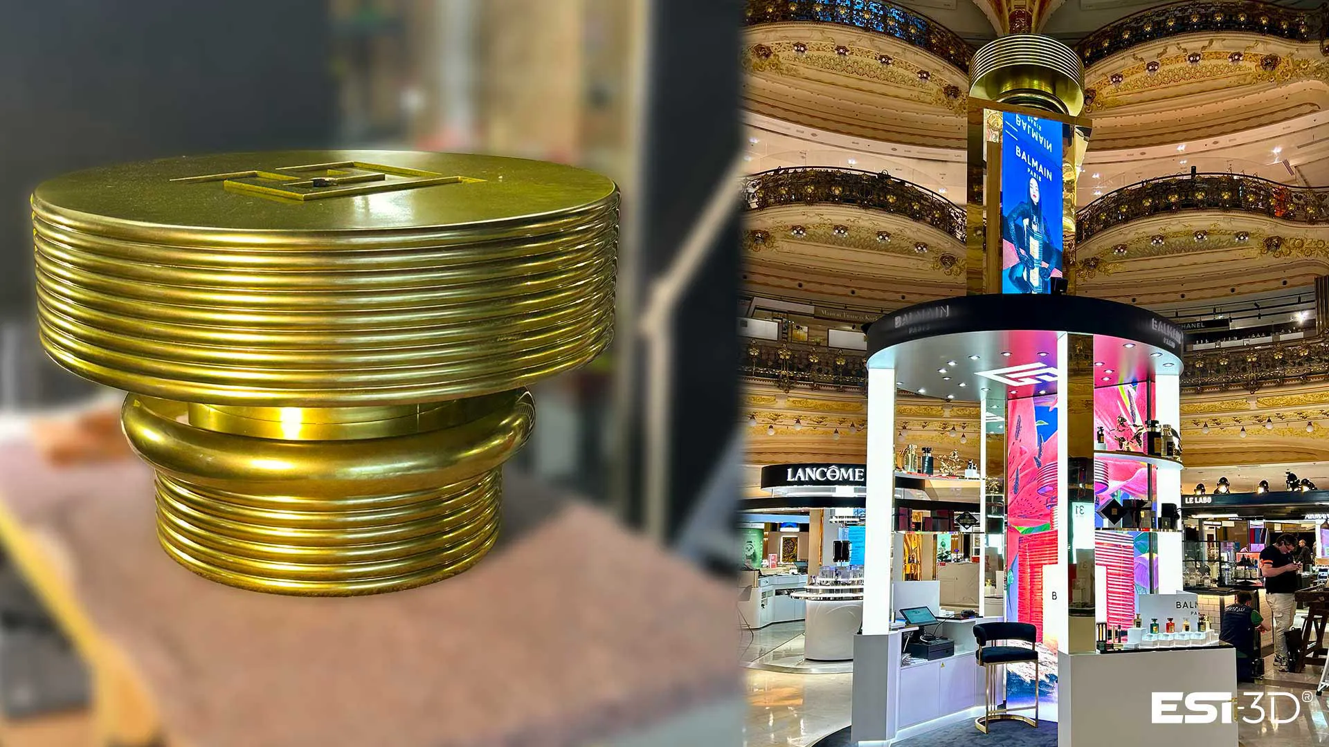 Bouchon de parfum géant fabriqué sur mesure pour une animation commerciale aux Galeries Lafayette, destiné à la communication visuelle et au merchandising de luxe.
