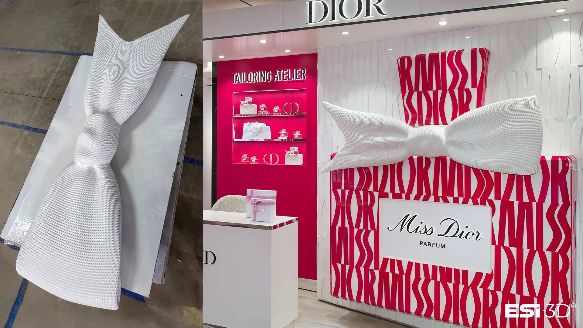 Nœud papillon géant inspiré de l’univers Miss Dior, fabriqué sur mesure pour une animation commerciale Sephora sur les Champs-Élysées et une opération de communication visuelle grand format