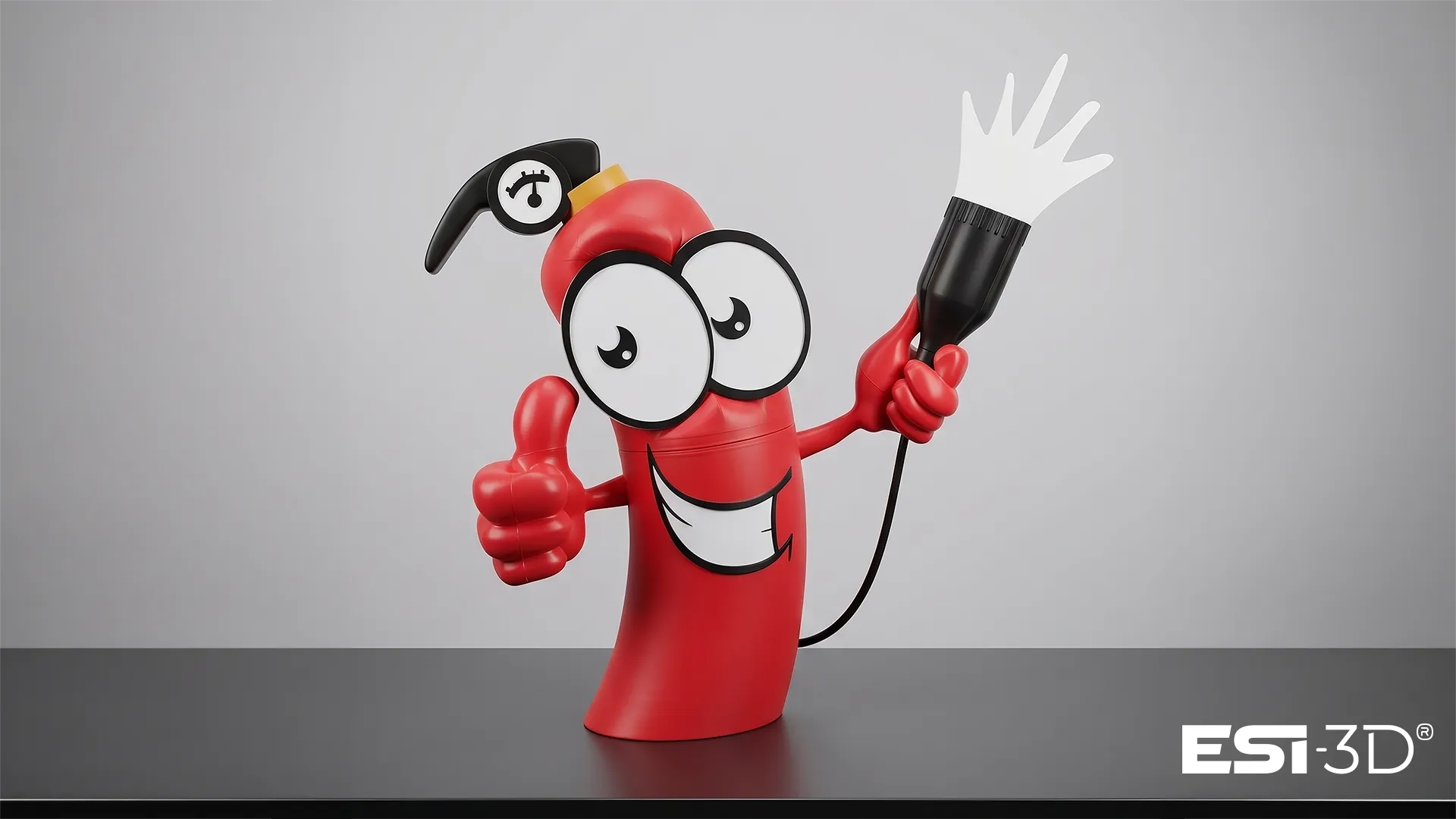 Mascotte géante en forme d’extincteur fabriquée en impression 3D grand format pour un événement, une animation commerciale ou une opération de communication visuelle.
