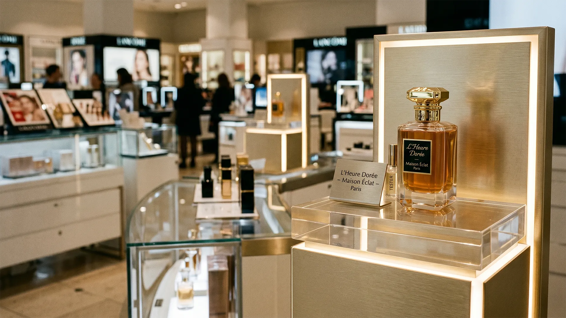 PLV sur mesure pour parfum de luxe avec présentoir premium, éclairage intégré et mise en valeur de produits cosmétiques en point de vente.