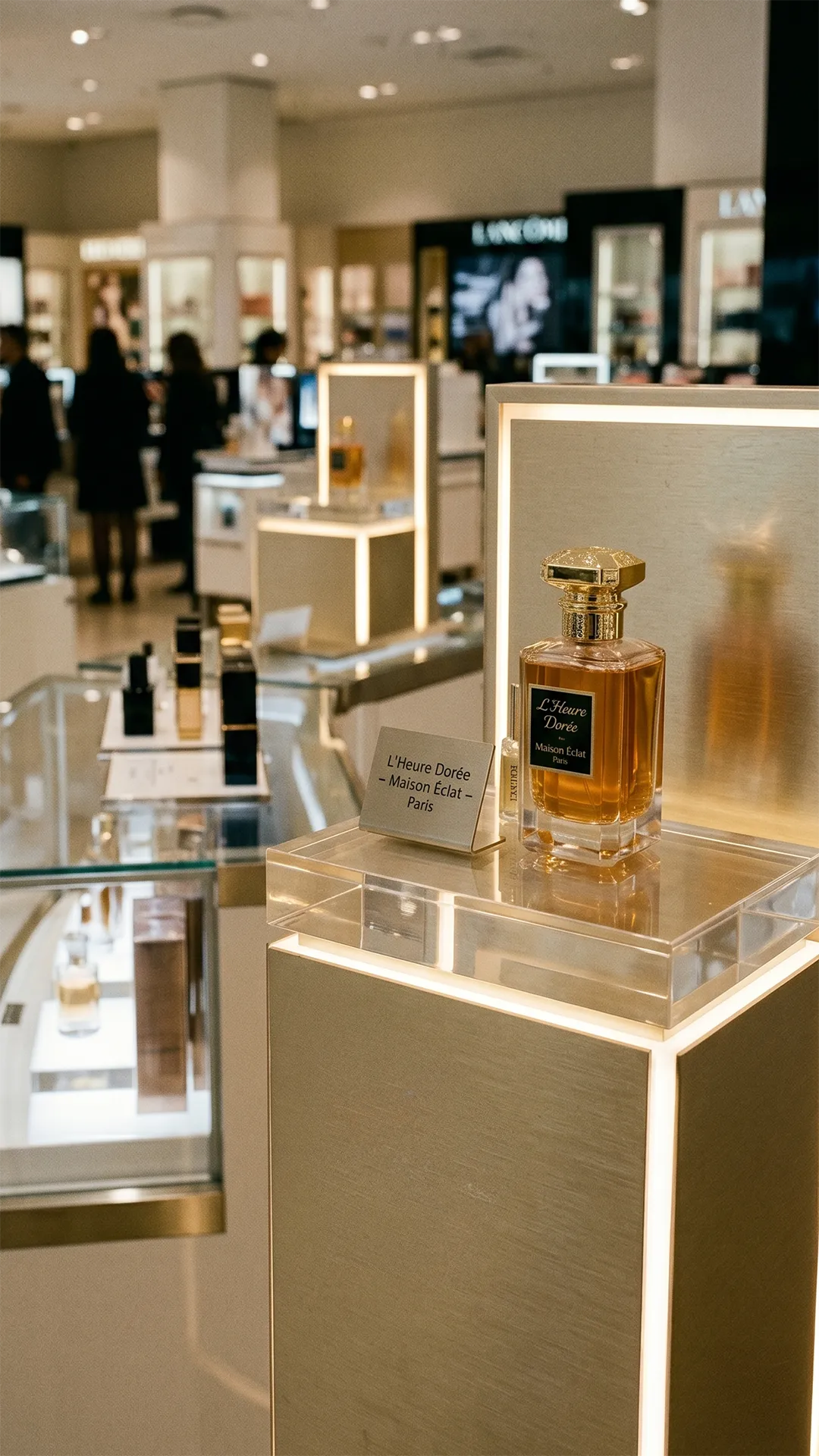 Présentoir sur mesure destiné à la mise en avant de parfums et produits cosmétiques dans un espace de vente premium.