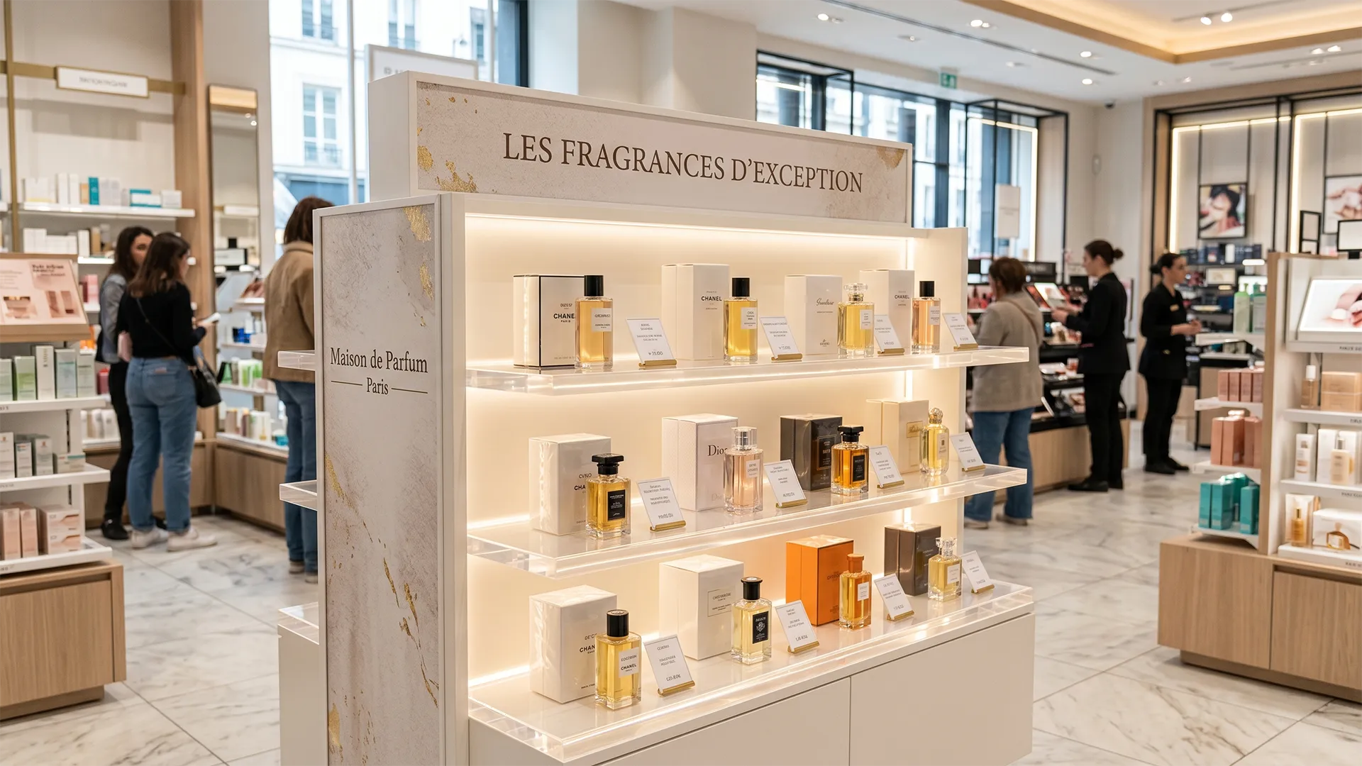 Présentoir sur mesure destiné à la mise en avant de parfums et produits cosmétiques dans un espace de vente premium.