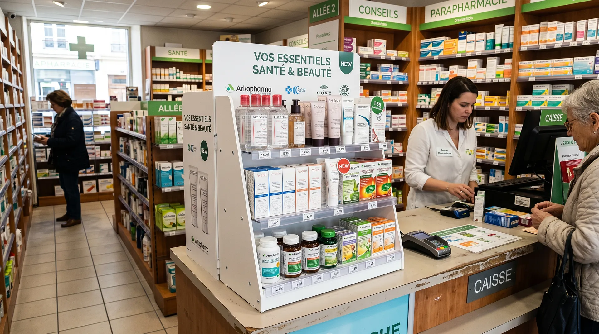 Présentoir comptoir sur mesure fabriqué en PVC et PMMA pour la mise en avant de produits de santé et de parapharmacie.