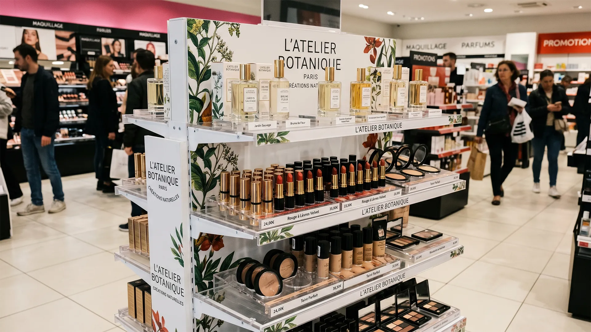 Présentoir cosmétique sur mesure fabriqué en PVC et PMMA pour la mise en avant de produits de beauté en magasin.