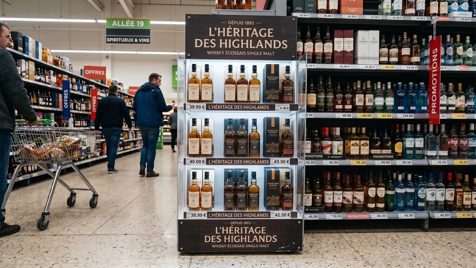 PLV sur mesure destinée à la mise en avant de bouteilles et produits premium en grande distribution.