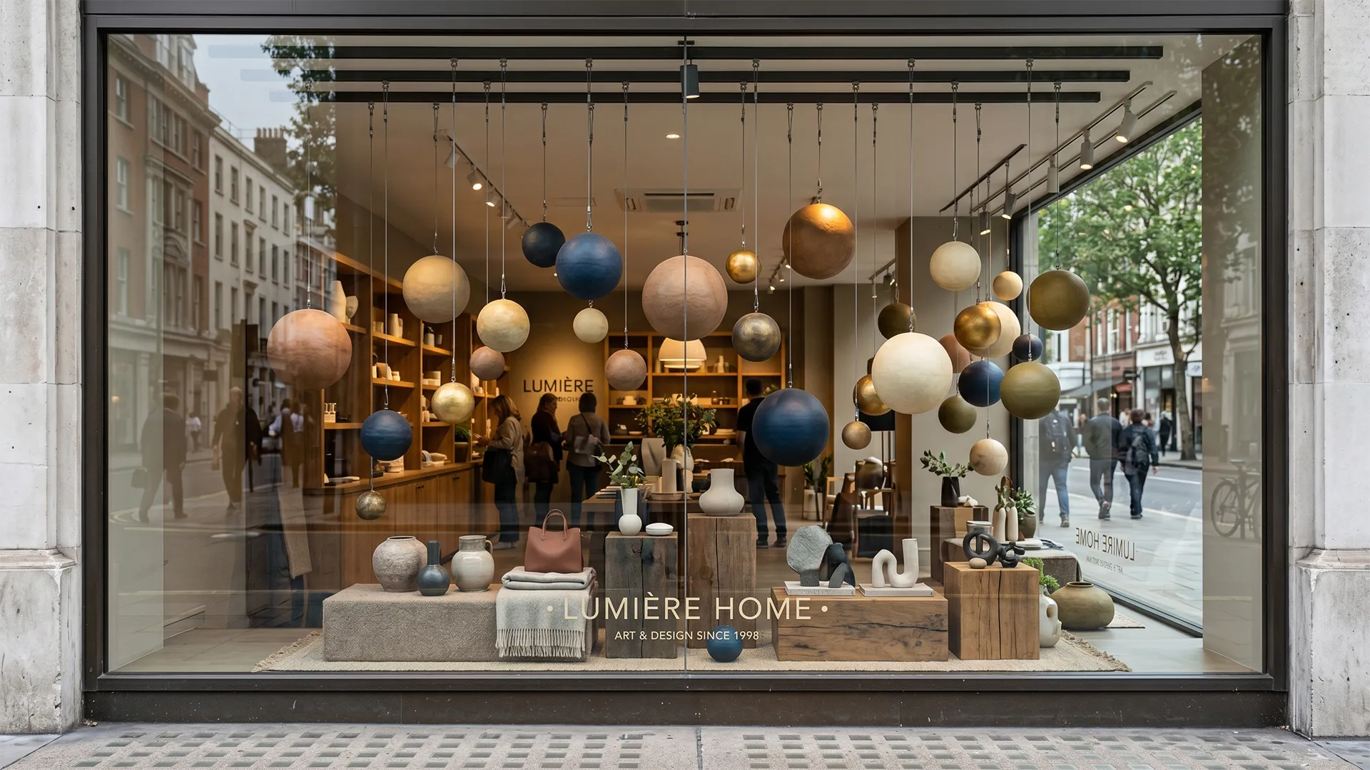 Sphères décoratives suspendues fabriquées sur mesure pour l’habillage de vitrines et d’espaces commerciaux.