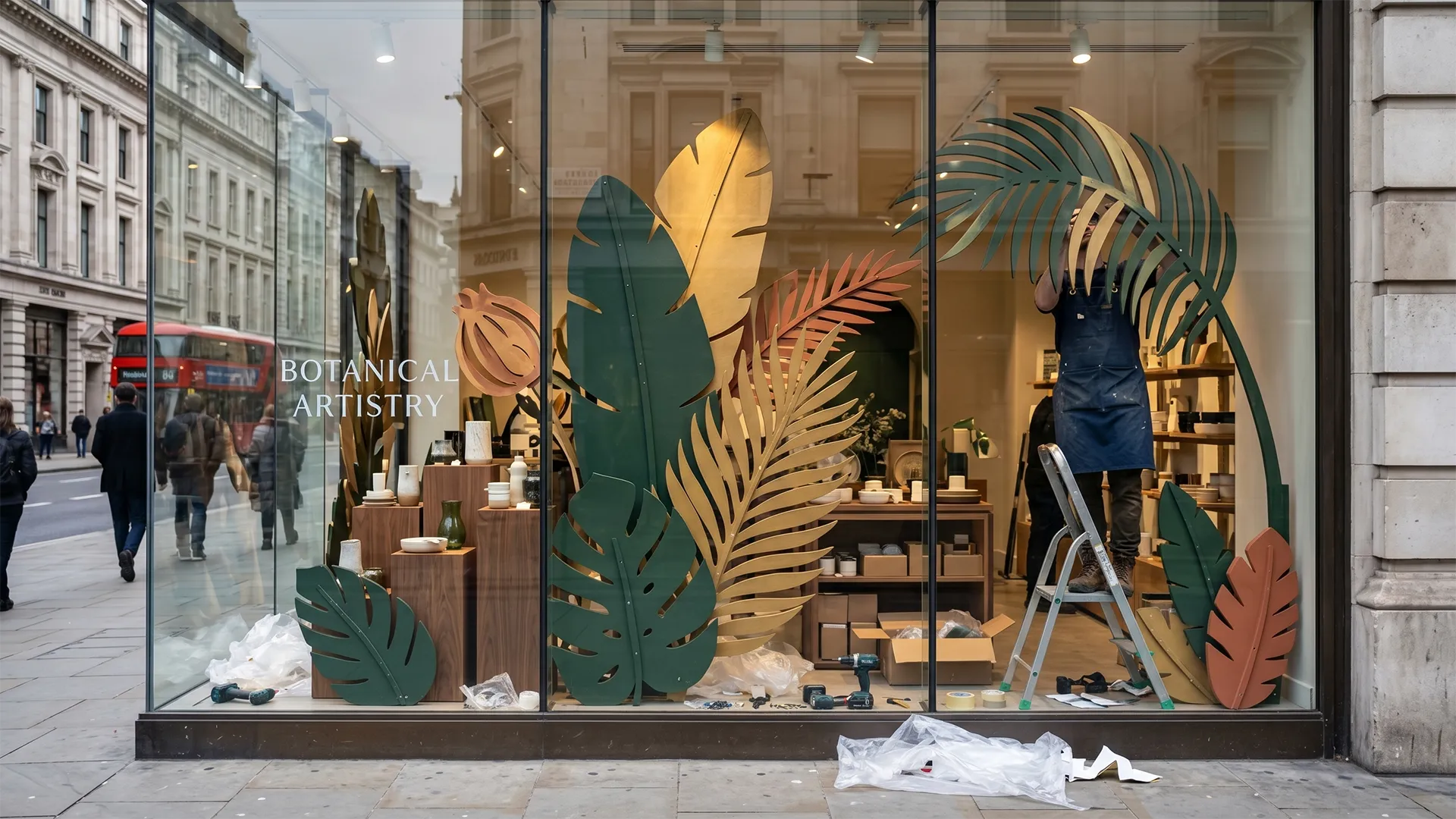 Éléments végétaux décoratifs grand format fabriqués sur mesure pour vitrines et espaces de marque.