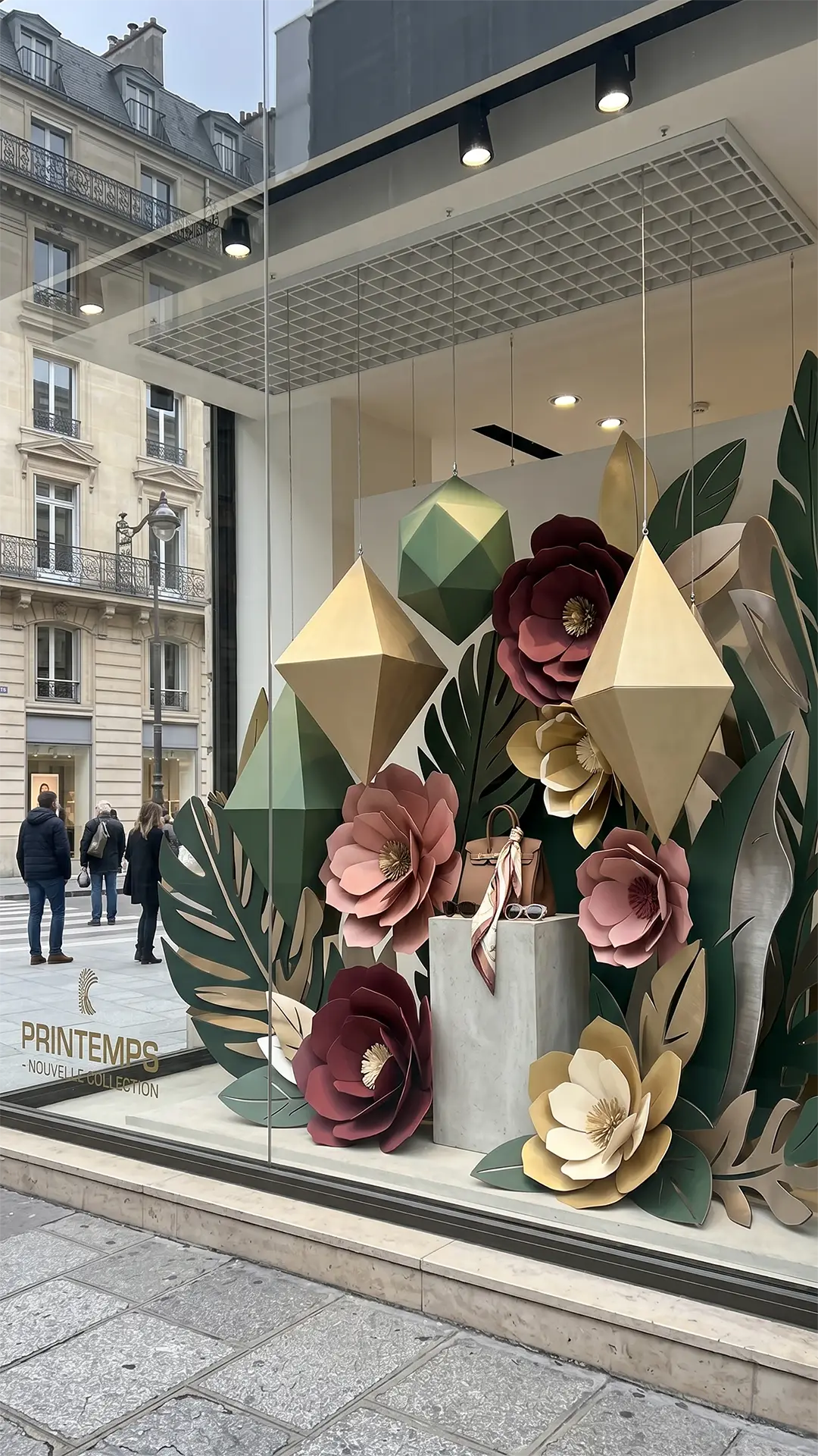 Habillage de vitrine sur mesure avec volumes décoratifs, fleurs géantes et éléments scénographiques fabriqués pour les pop-up stores et espaces de marque.