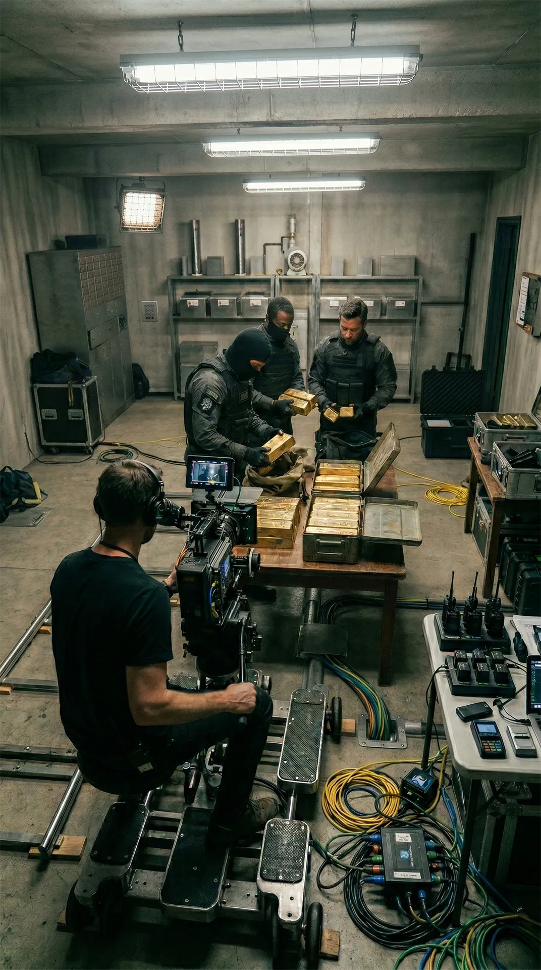 Lingots d’or factices fabriqués sur mesure pour le cinéma et les séries, utilisés comme accessoires de tournage dans une scène de braquage filmée sur plateau.