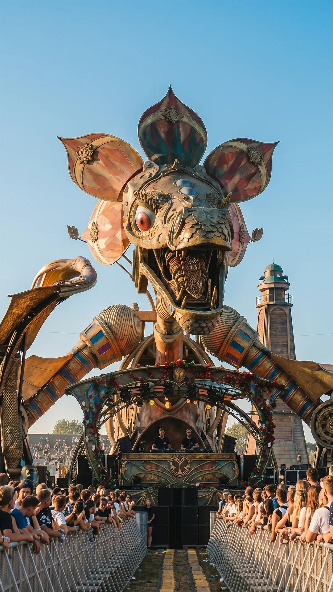 Structures décoratives grand format réalisées sur mesure pour la scène d’un festival électro, avec éléments scénographiques, volumes monumentaux et éclairages événementiels.