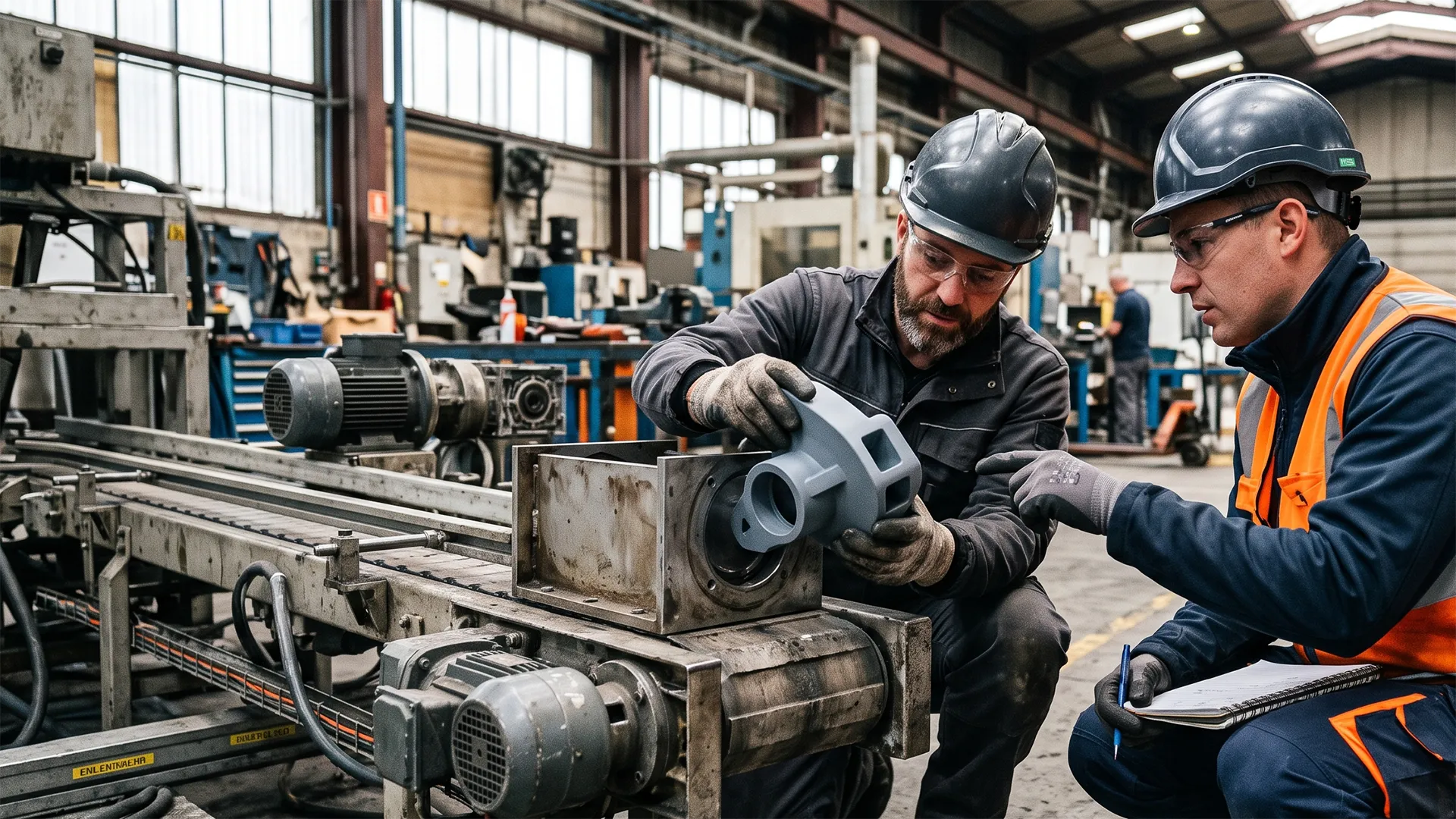 Techniciens ESI-3D sur site industriel analysant une solution technique sur mesure pour une installation