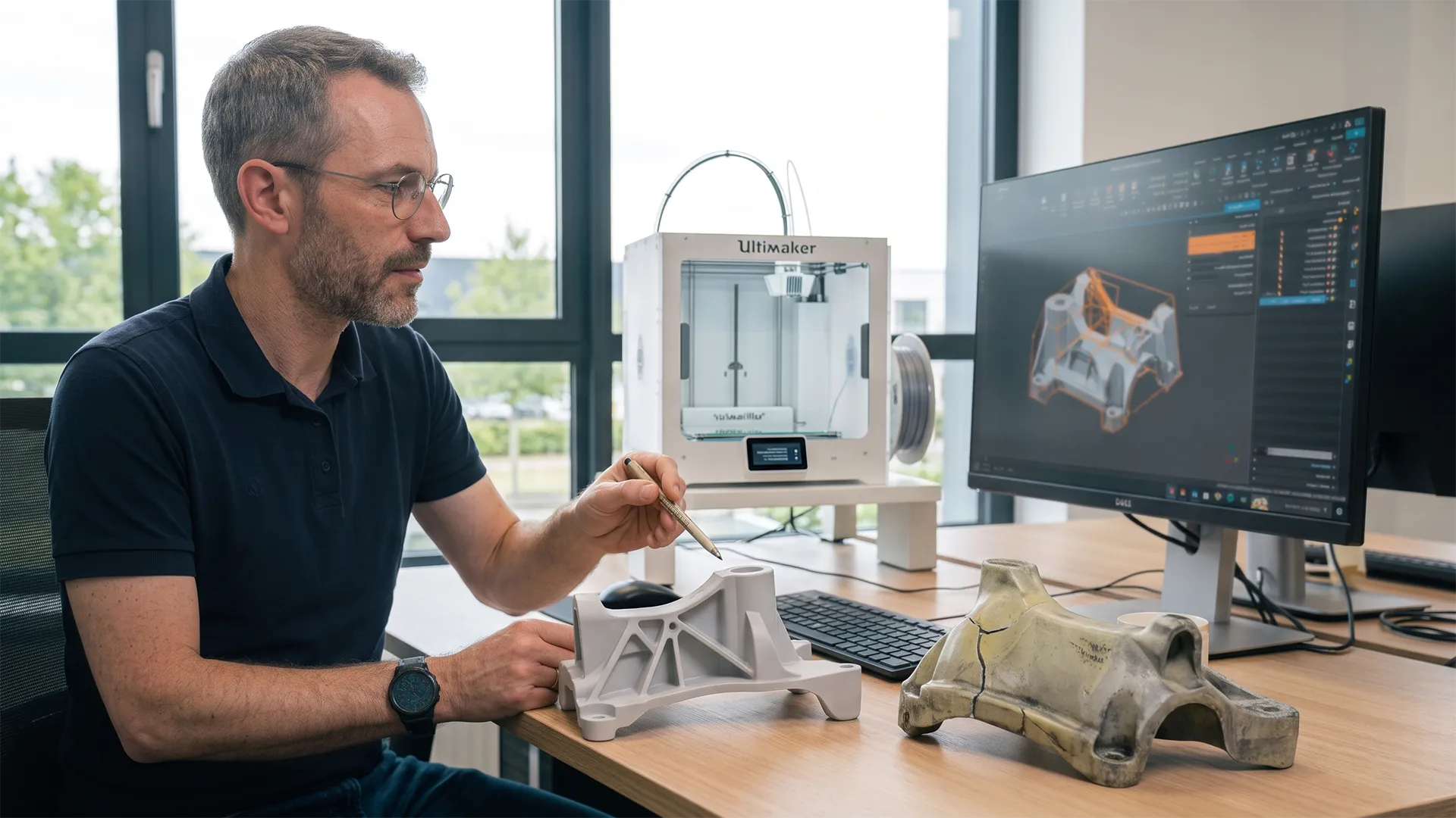 Ingénieur ESI-3D analysant en bureau d'étude une ancienne pièce défectueuse et sa version optimisée après redesign technique