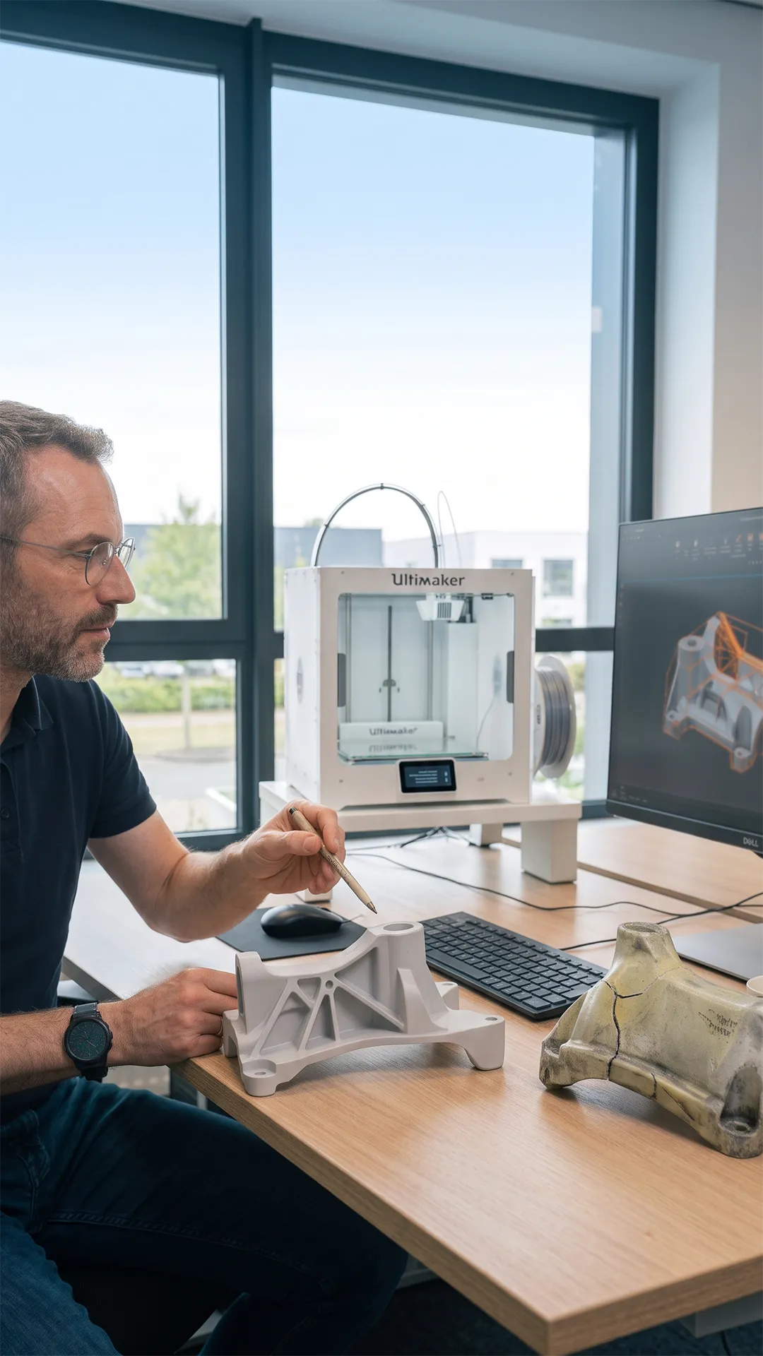Ingénieur ESI-3D comparant sur son poste de travail une pièce industrielle avant et après amélioration pour corriger un défaut récurrent