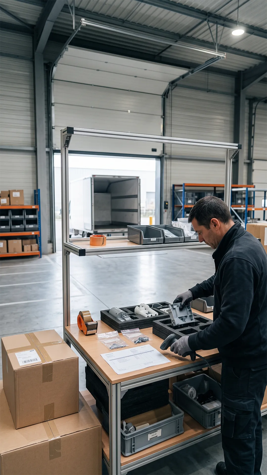 Opérateur ESI-3D assemblant un kit multi-composants avec sachets étiquetés et calage protecteur, prêt à être distribué
