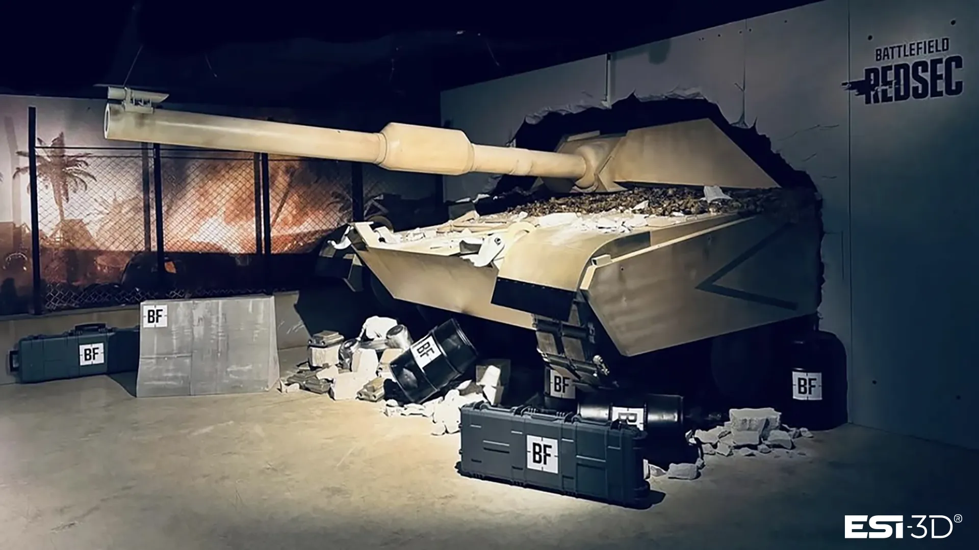 Blocs béton factices en polystyrène extrudé XPS fabriqués par ESI-3D pour l'événement de lancement Battlefield 6 — post-traitement effet béton