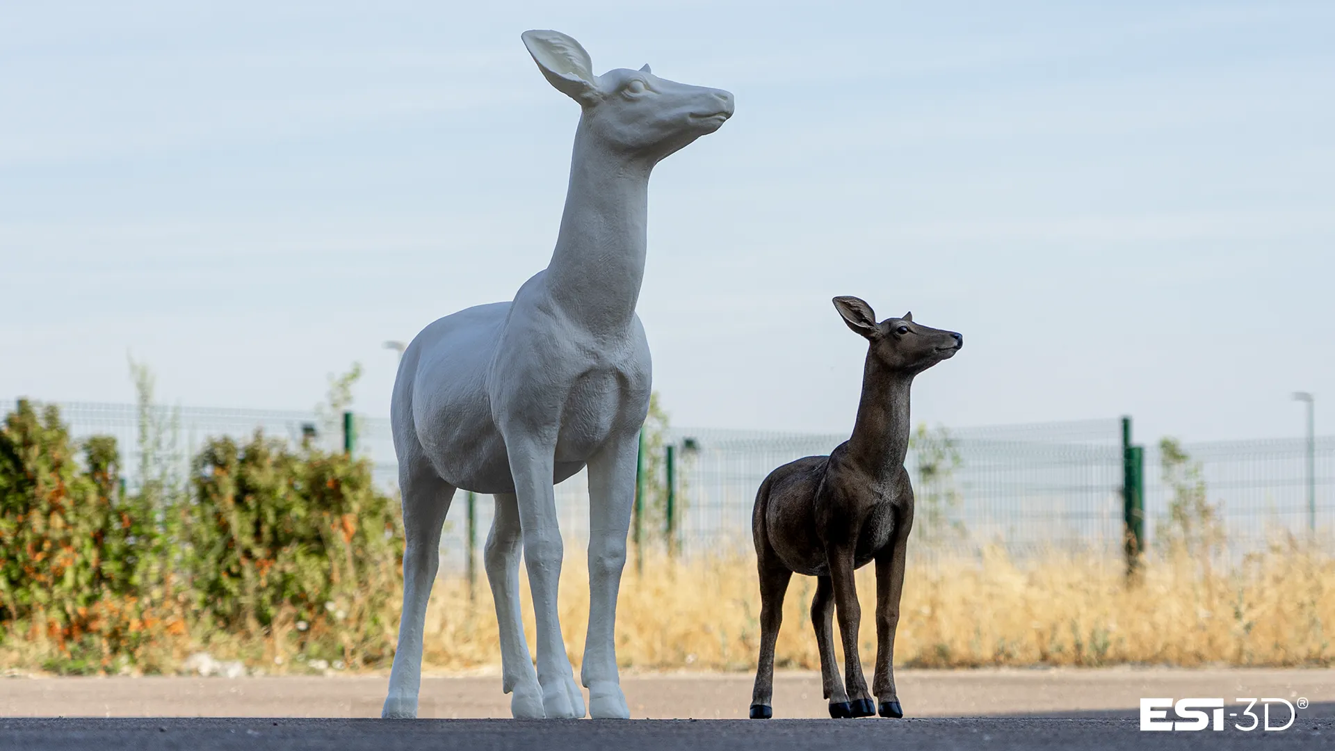 Reproduction 3D d'un chevreuil agrandi en sculpture décor blanche à côté de l'original brun, imprimée en FDM gros format par ESI-3D