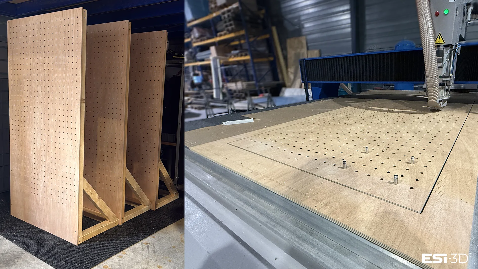 Plaque de contreplaqué usinée en CNC et panneaux assemblés sur leurs châssis en chevrons pour une signalétique bois sur mesure