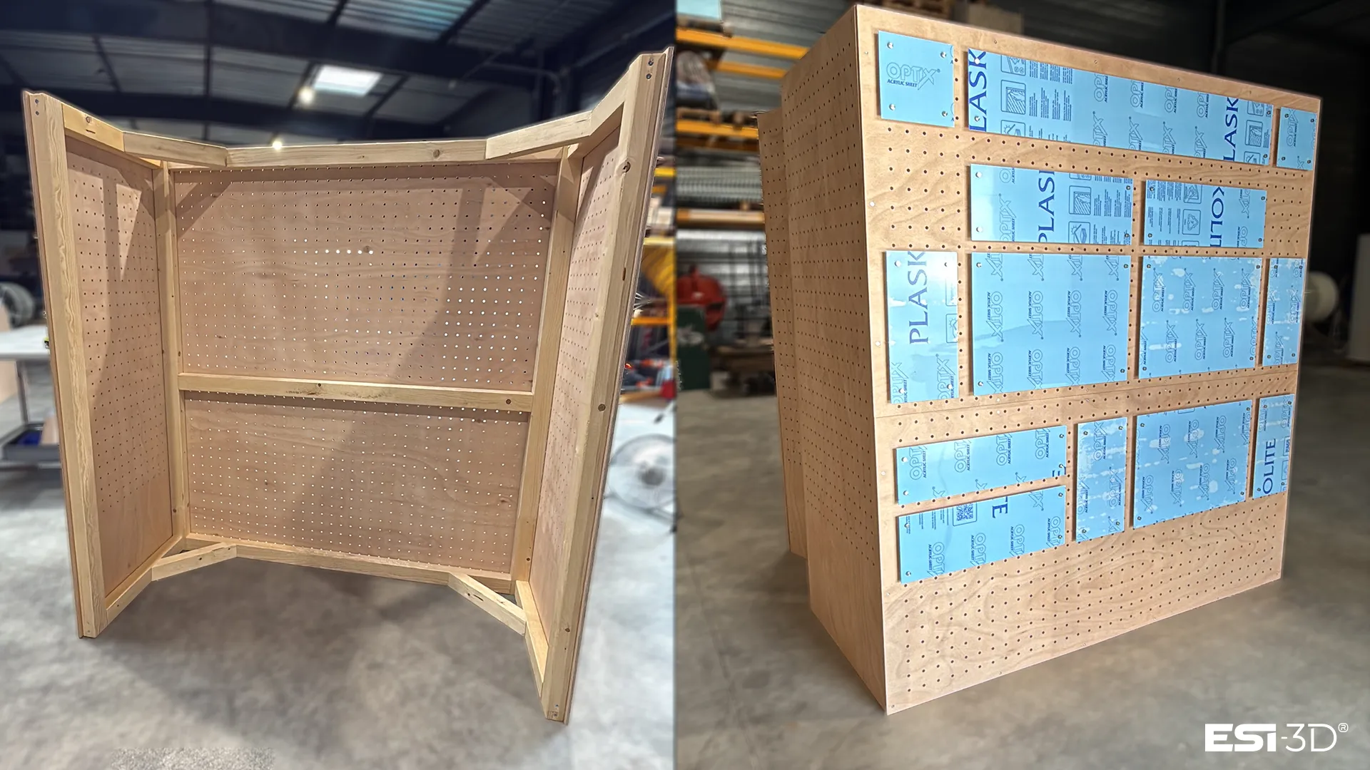 Grand panneau de signalétique en bois assemblé dans l'atelier ESI-3D, avant pose des plaques en plexiglass