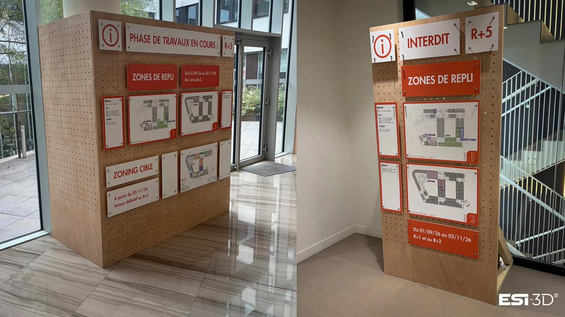 Deux panneaux de signalétique temporaire en bois et plexiglass avec vinyles, installés dans le siège social d'une banque en Île-de-France